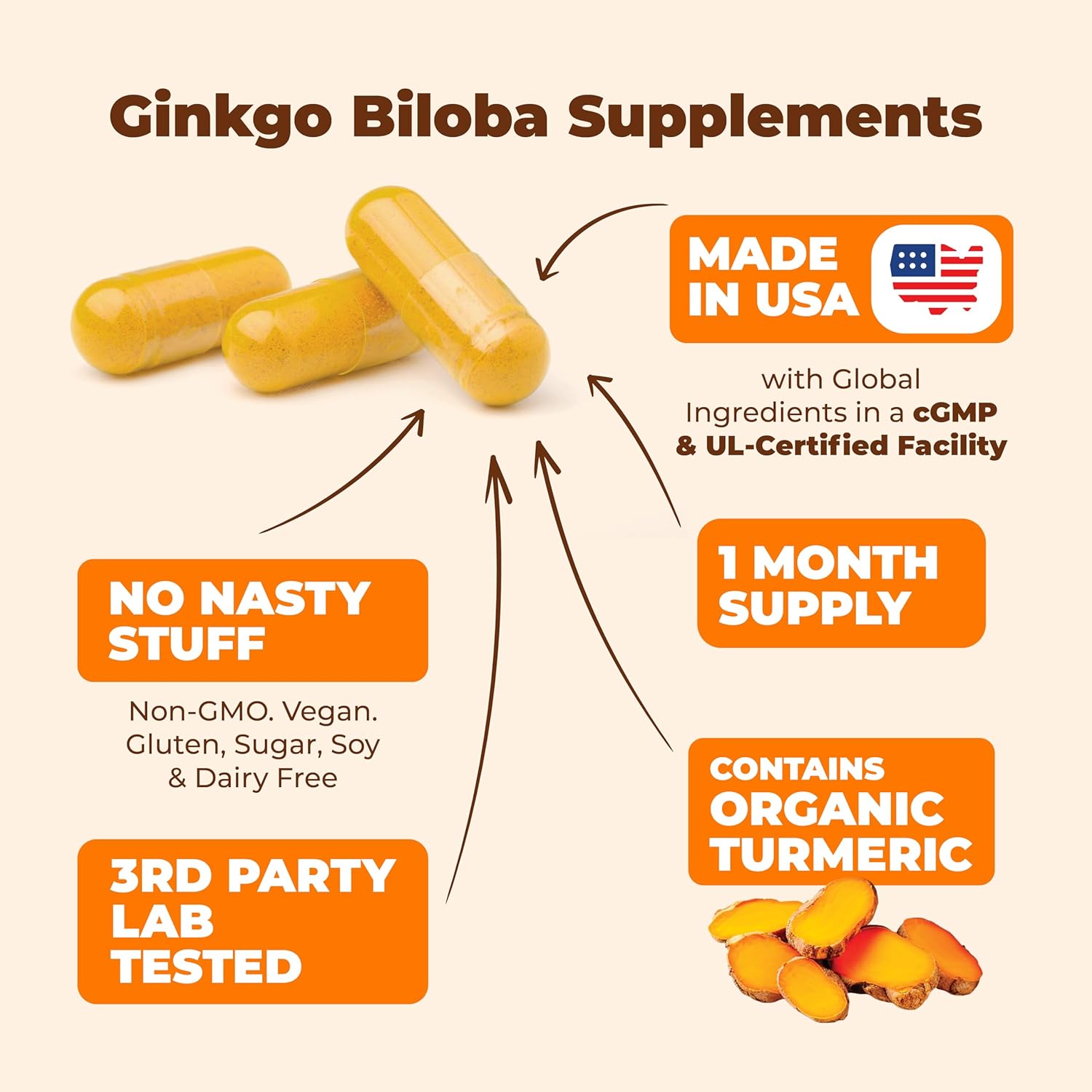 Organic Turmeric Curcumin with Black Pepper & Ginkgo Biloba - Joint Health, Brain Clarity, Memory, Focus, Concentration - Vegan (2 Pack)