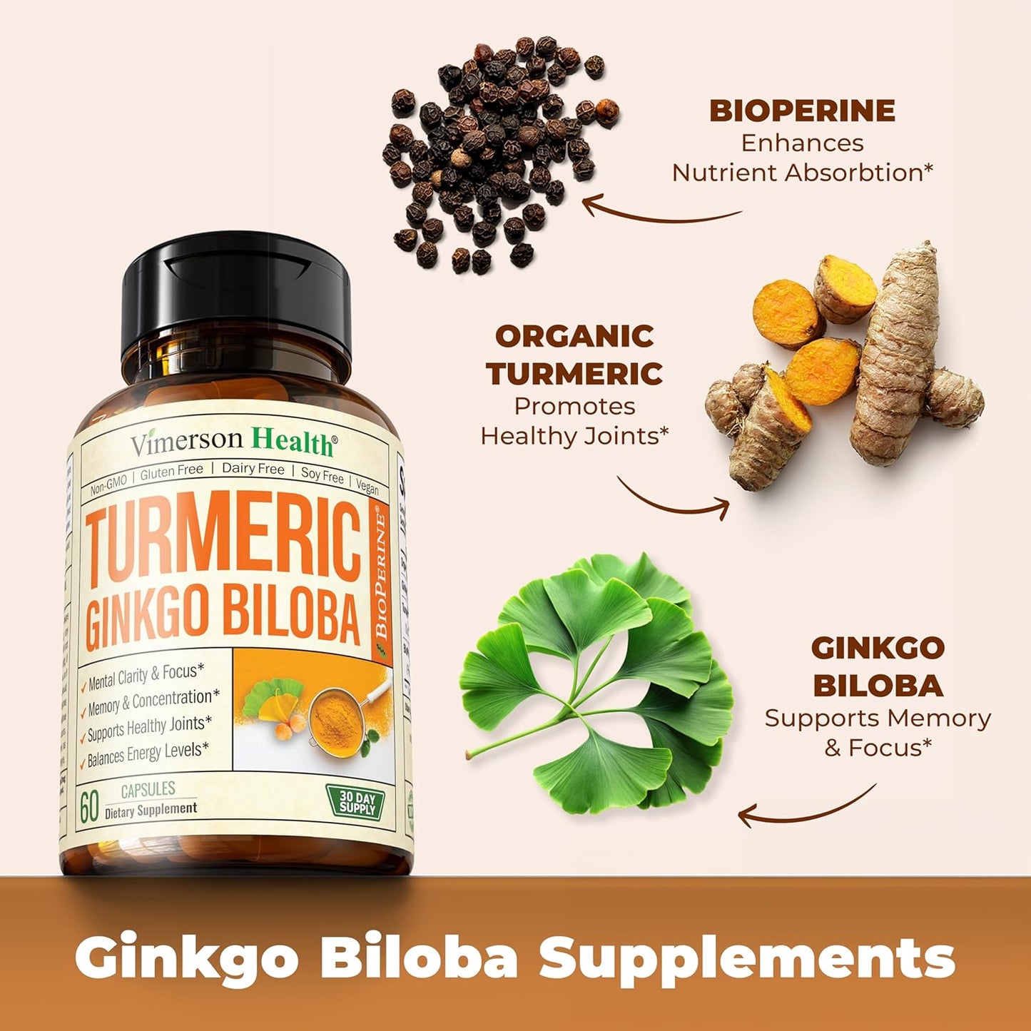 Organic Turmeric Curcumin with Black Pepper & Ginkgo Biloba - Joint Health, Brain Clarity, Memory, Focus, Concentration - Vegan (2 Pack)