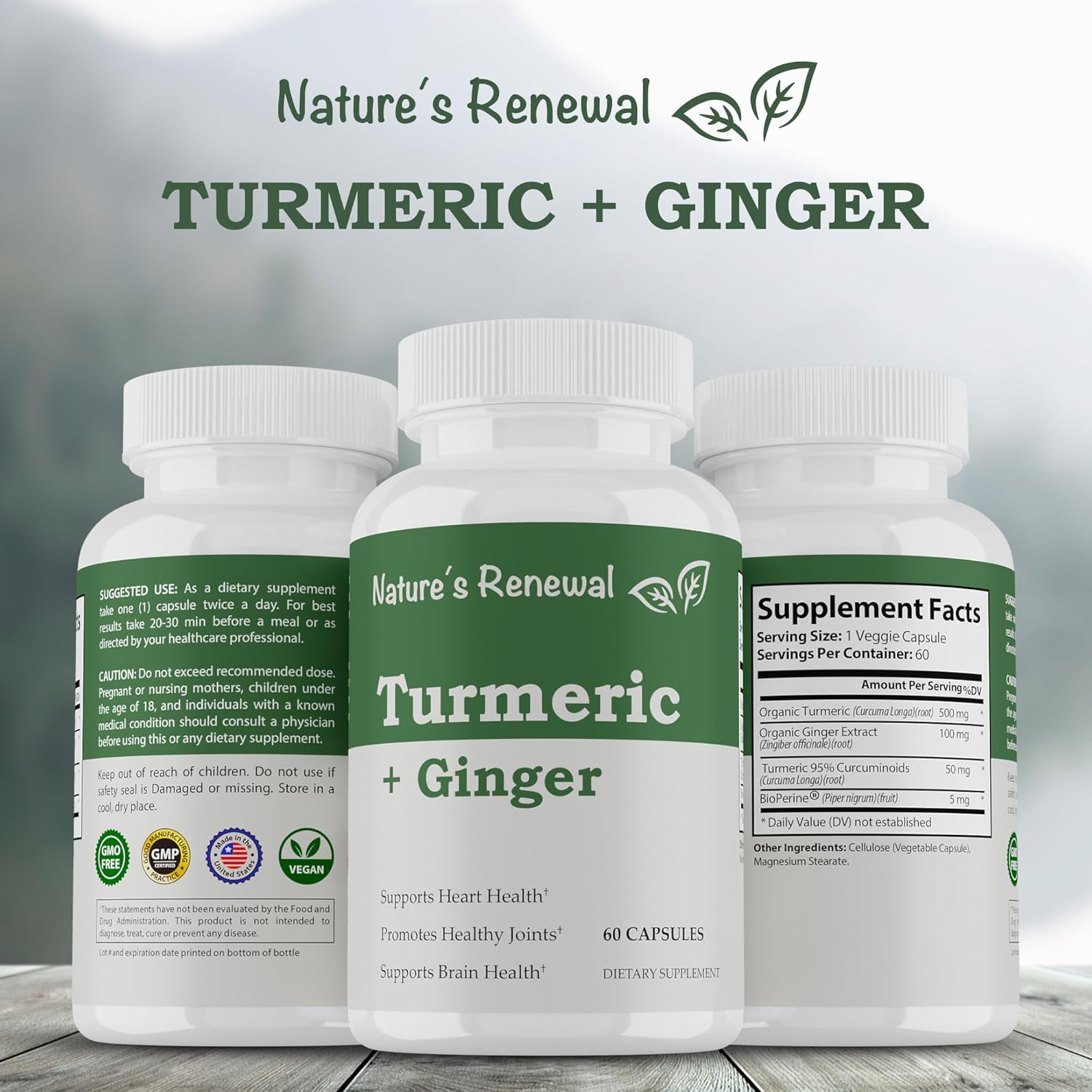 Organic Turmeric + Ginger Supplement with Black Pepper Bioperine - Joint Support, 95% Curcuminoids, 60 Capsules