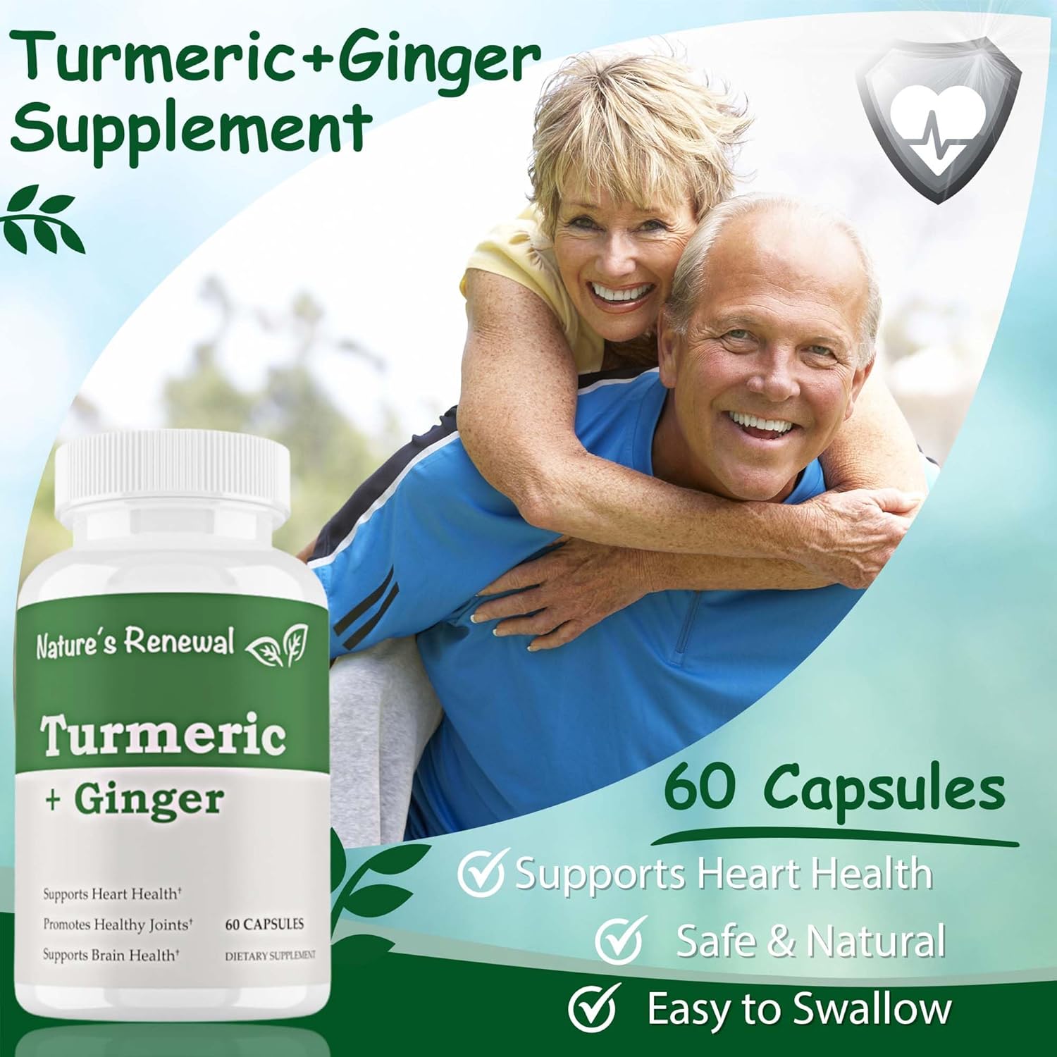 Organic Turmeric + Ginger Supplement with Black Pepper Bioperine - Joint Support, 95% Curcuminoids, 60 Capsules