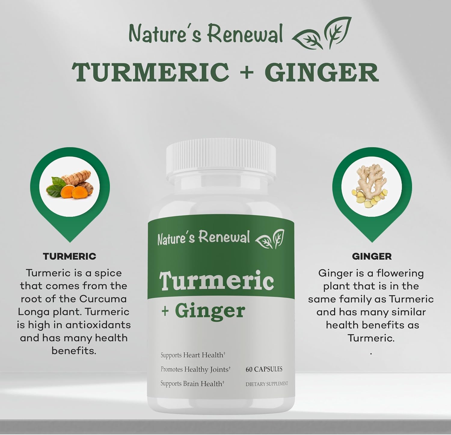 Organic Turmeric + Ginger Supplement with Black Pepper Bioperine - Joint Support, 95% Curcuminoids, 60 Capsules