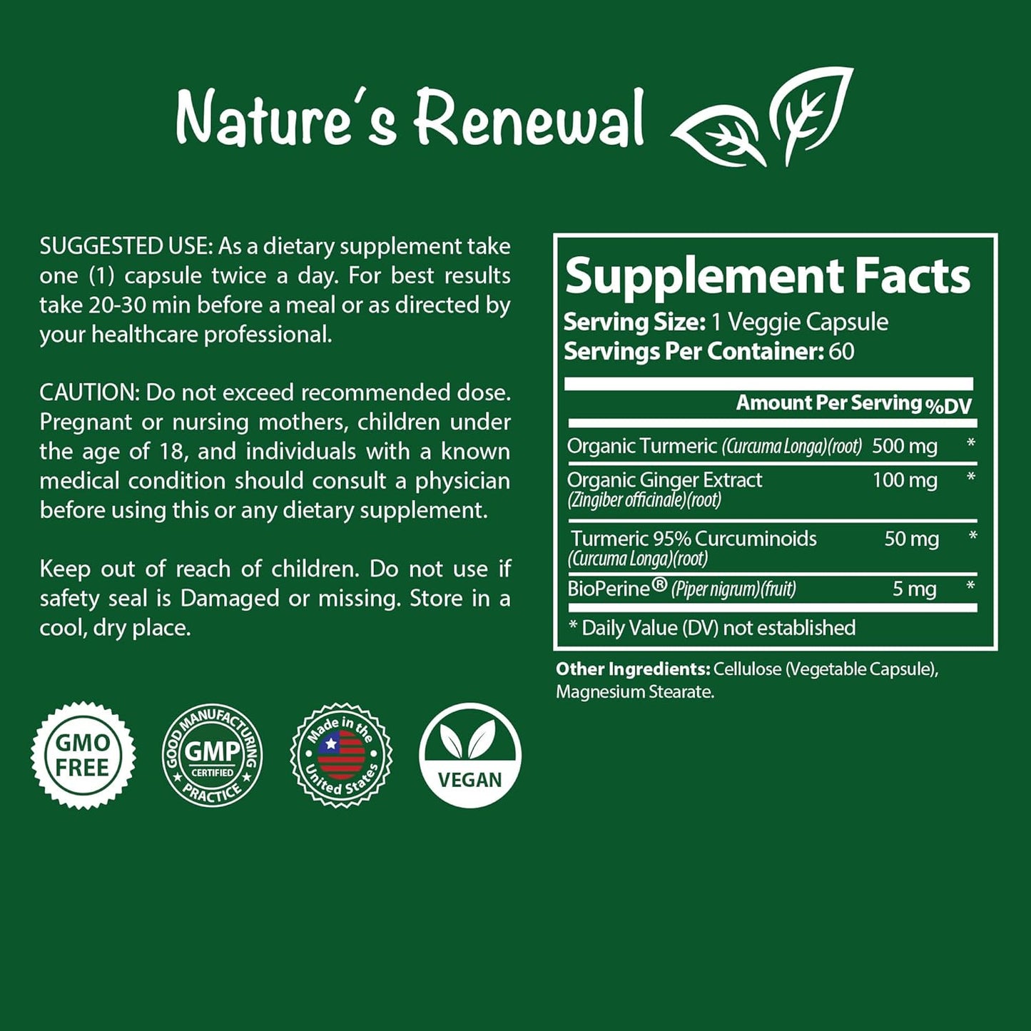 Organic Turmeric + Ginger Supplement with Black Pepper Bioperine - Joint Support, 95% Curcuminoids, 60 Capsules