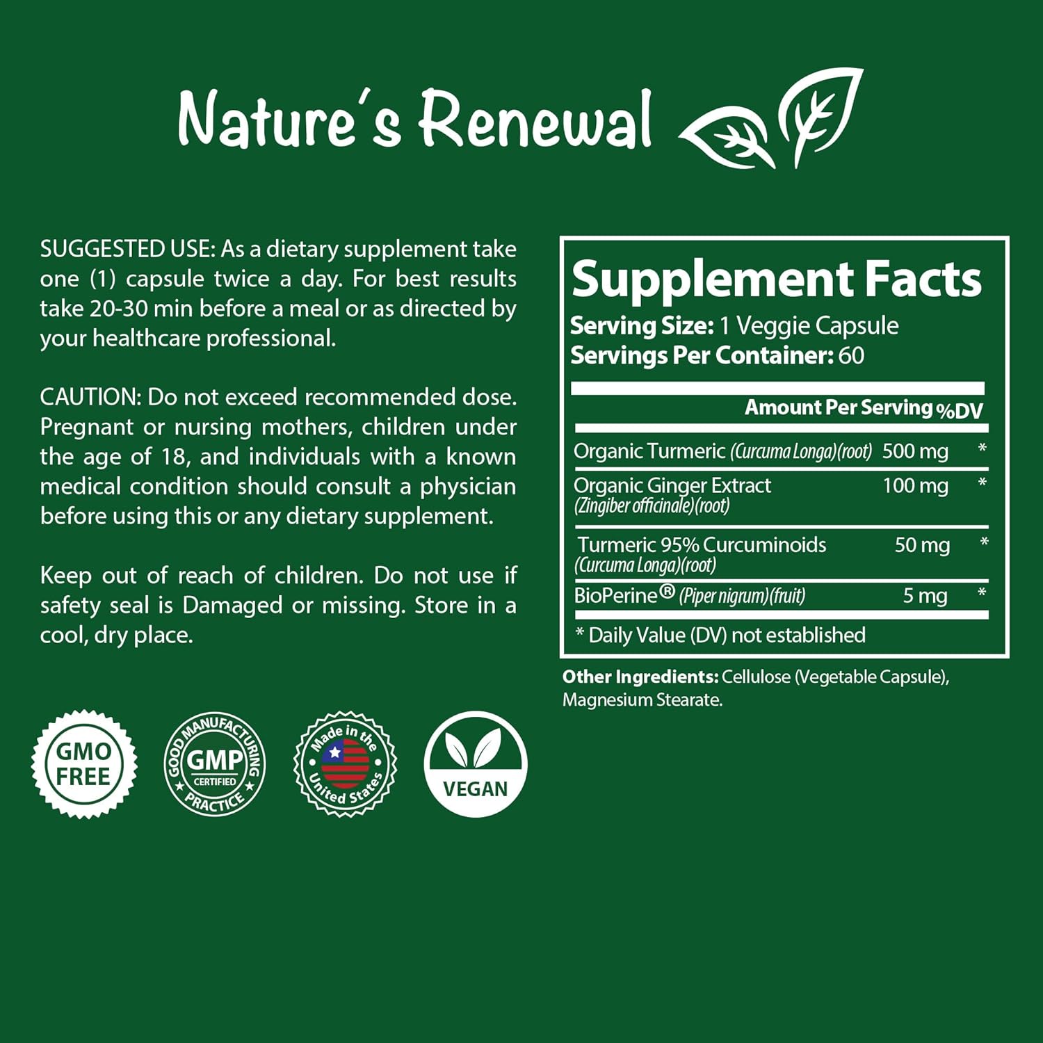 Organic Turmeric + Ginger Supplement with Black Pepper Bioperine - Joint Support, 95% Curcuminoids, 60 Capsules