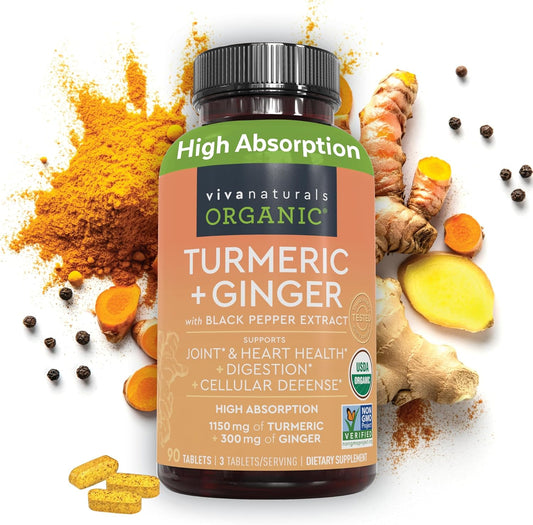Organic Turmeric Ginger Supplements for Joint & Heart Health - 1450mg per Serving - 95% Curcuminoids - 15mg Black Pepper Extract