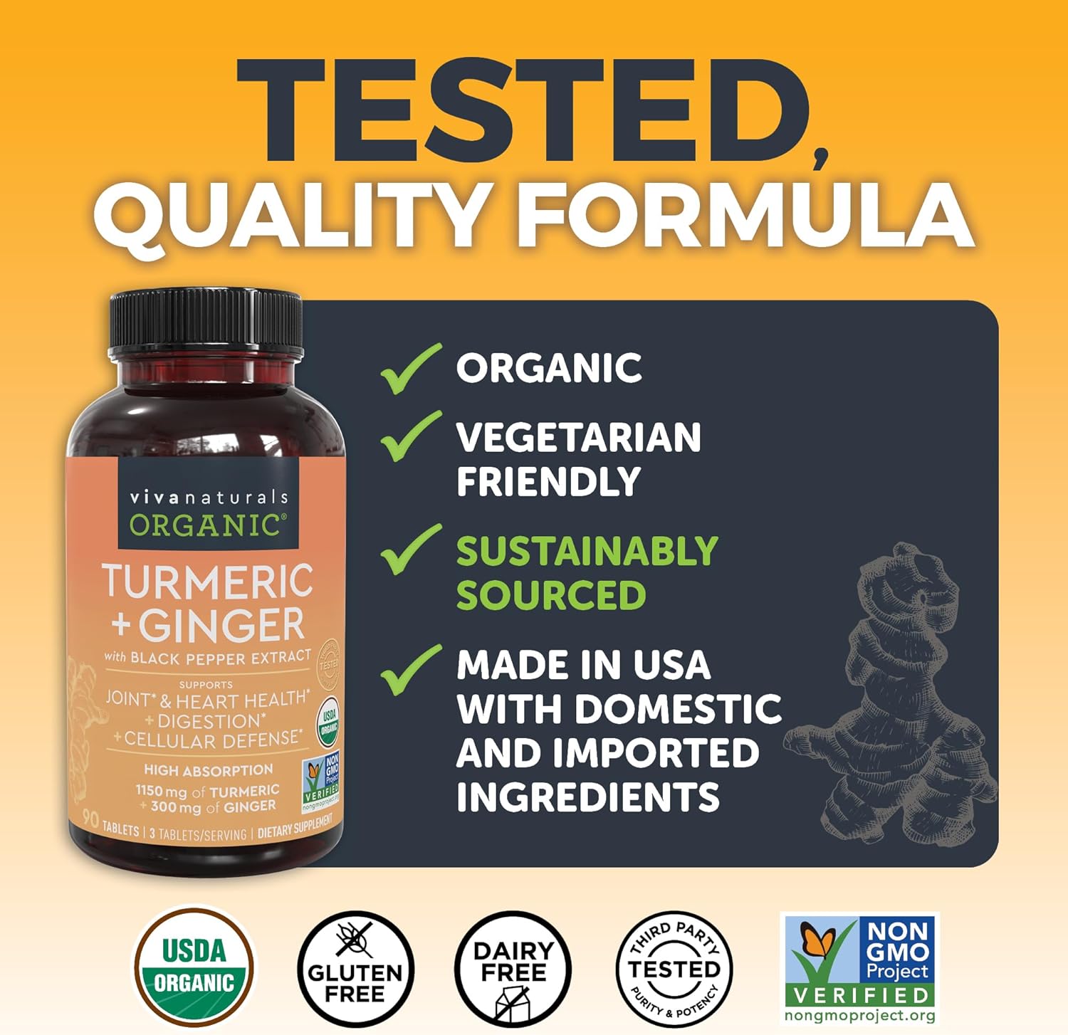 Organic Turmeric Ginger Supplements for Joint & Heart Health - 1450mg per Serving - 95% Curcuminoids - 15mg Black Pepper Extract