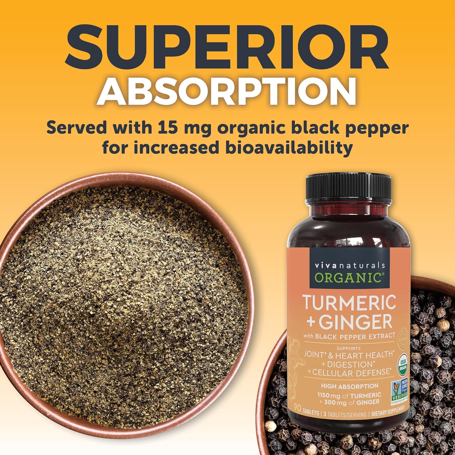 Organic Turmeric Ginger Supplements for Joint & Heart Health - 1450mg per Serving - 95% Curcuminoids - 15mg Black Pepper Extract
