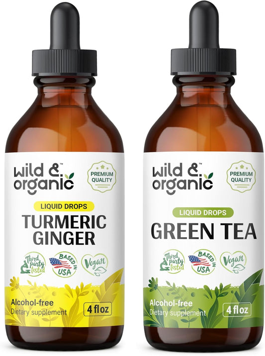 Organic Turmeric Ginger Tincture and Green Tea Tincture Bundle 4 fl oz - Wildcrafted Immune Support Supplements