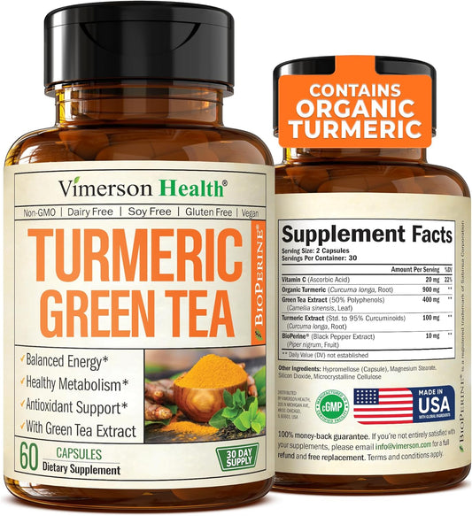 Organic Turmeric & Green Tea Capsules with Black Pepper & Vitamin C - Joint Health, Antioxidant Support & Metabolism - 60 Capsules