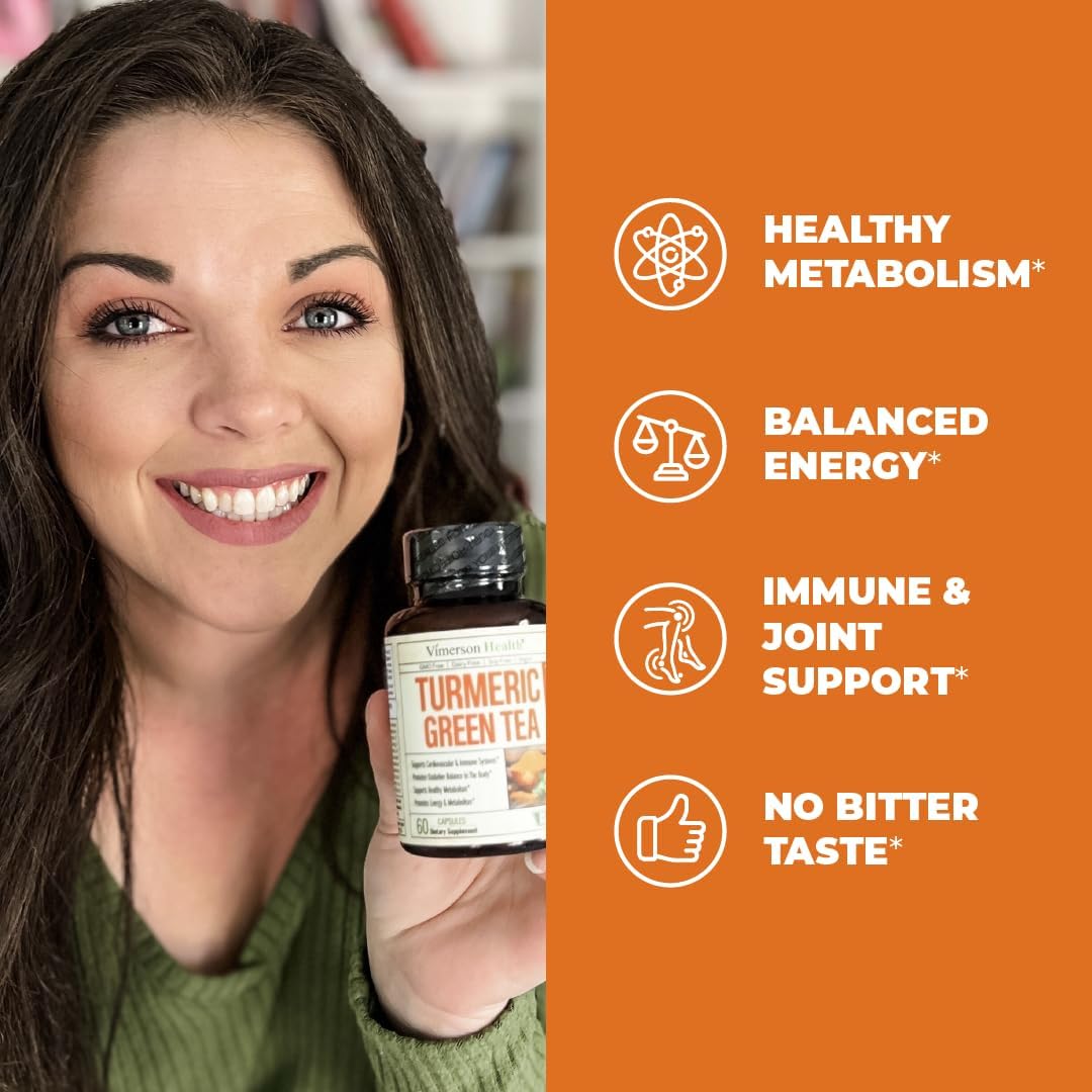 Organic Turmeric & Green Tea Capsules with Black Pepper & Vitamin C - Joint Health, Antioxidant Support & Metabolism - 60 Capsules