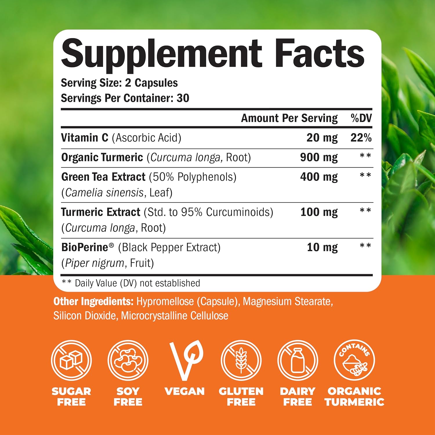 Organic Turmeric & Green Tea Capsules with Black Pepper & Vitamin C - Joint Health, Antioxidant Support & Metabolism - 60 Capsules