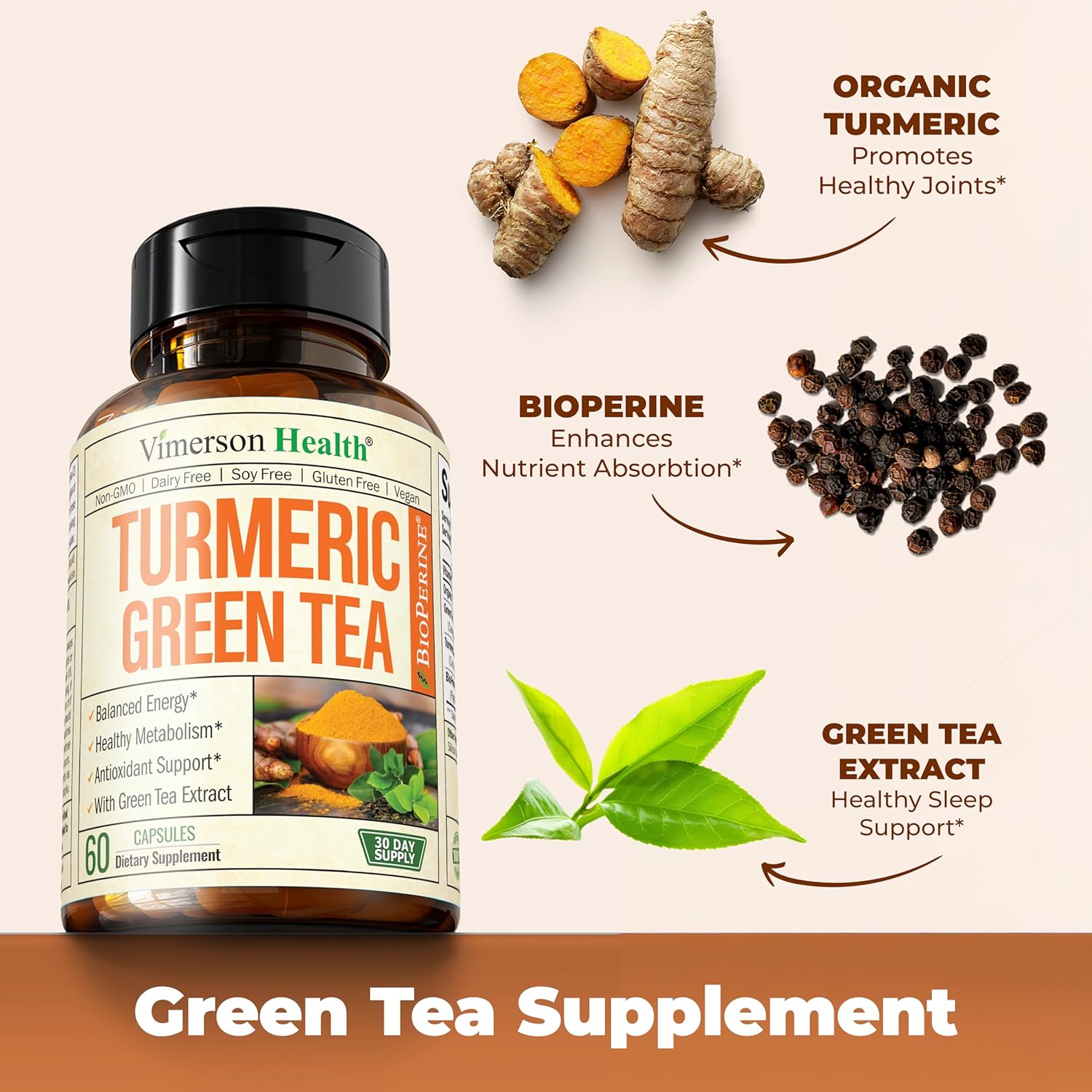 Organic Turmeric & Green Tea Capsules with Black Pepper & Vitamin C - Joint Health, Antioxidant Support & Metabolism - 60 Capsules