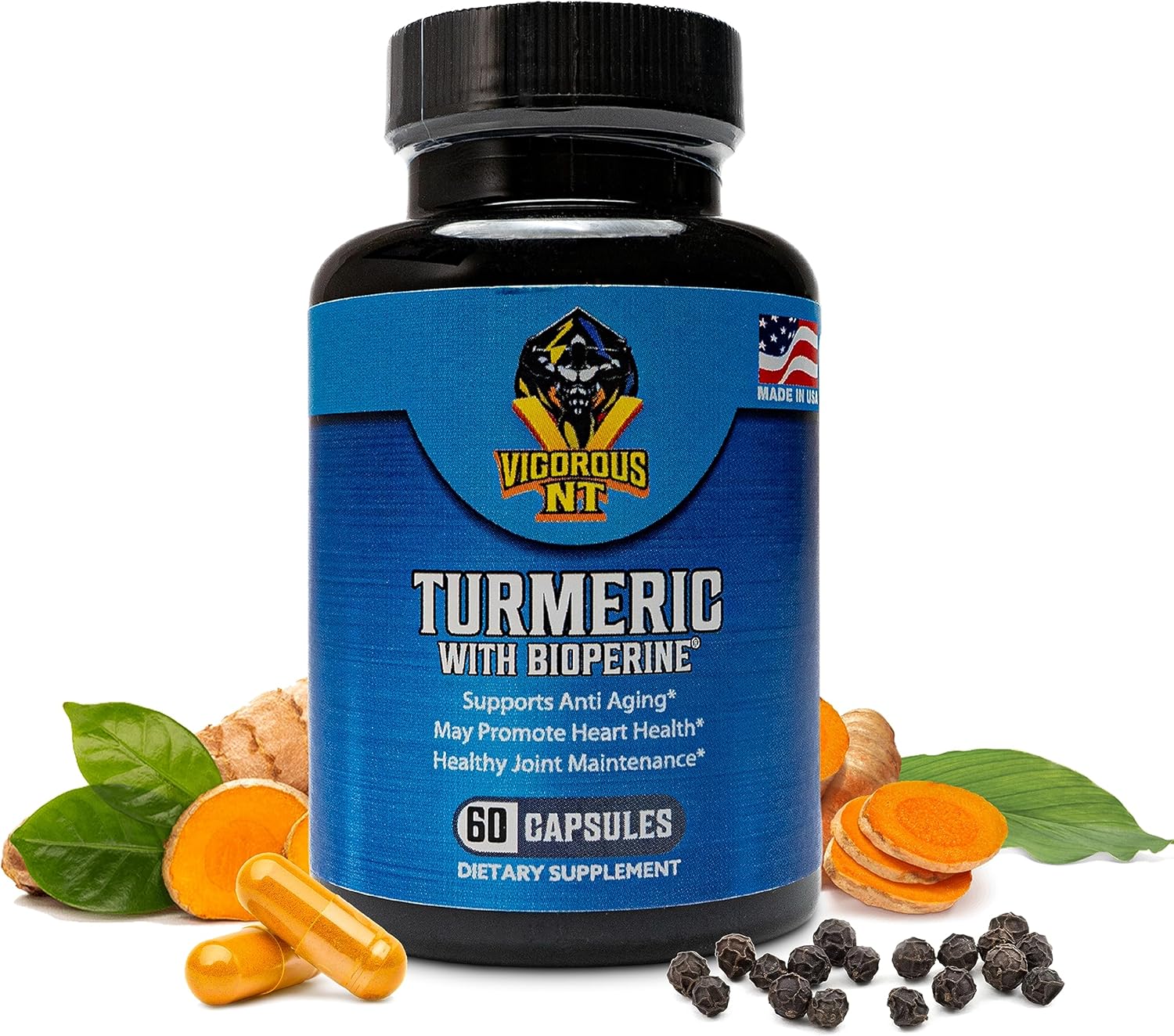 Organic Turmeric Supplement with BioPerine for Enhanced Absorption - 95% Curcuminoids - Promotes Well-Being - 60 Capsules