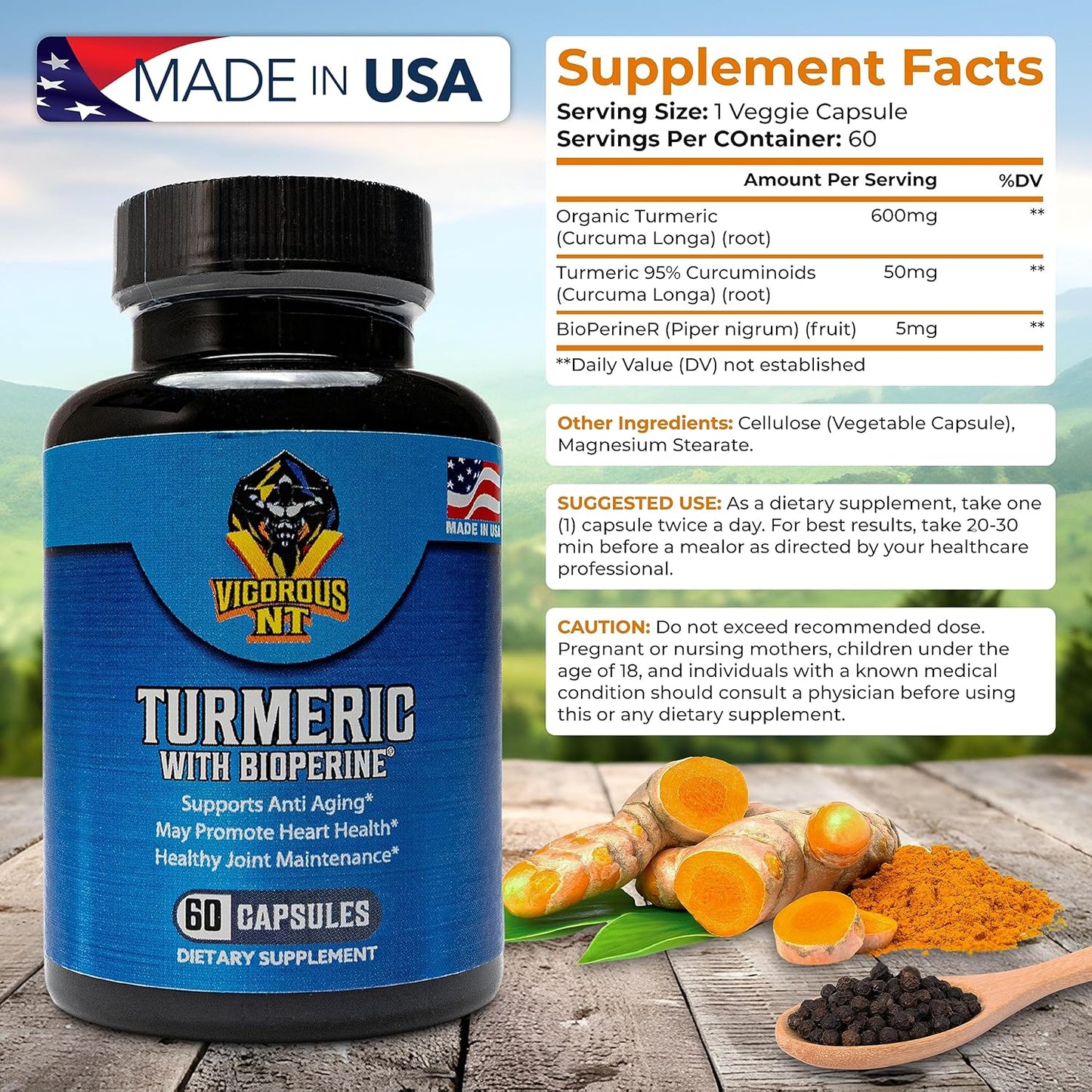 Organic Turmeric Supplement with BioPerine for Enhanced Absorption - 95% Curcuminoids - Promotes Well-Being - 60 Capsules