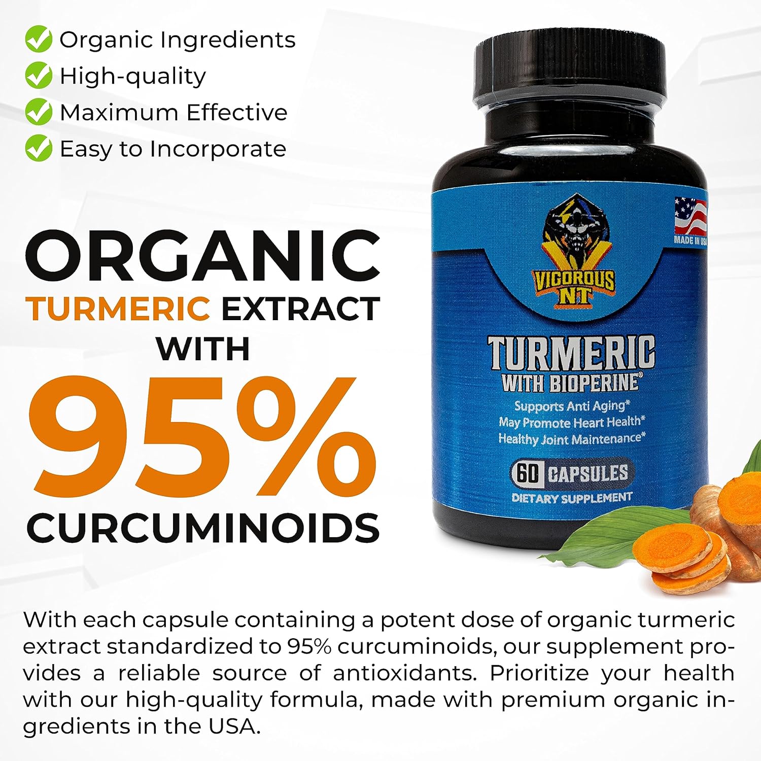 Organic Turmeric Supplement with BioPerine for Enhanced Absorption - 95% Curcuminoids - Promotes Well-Being - 60 Capsules