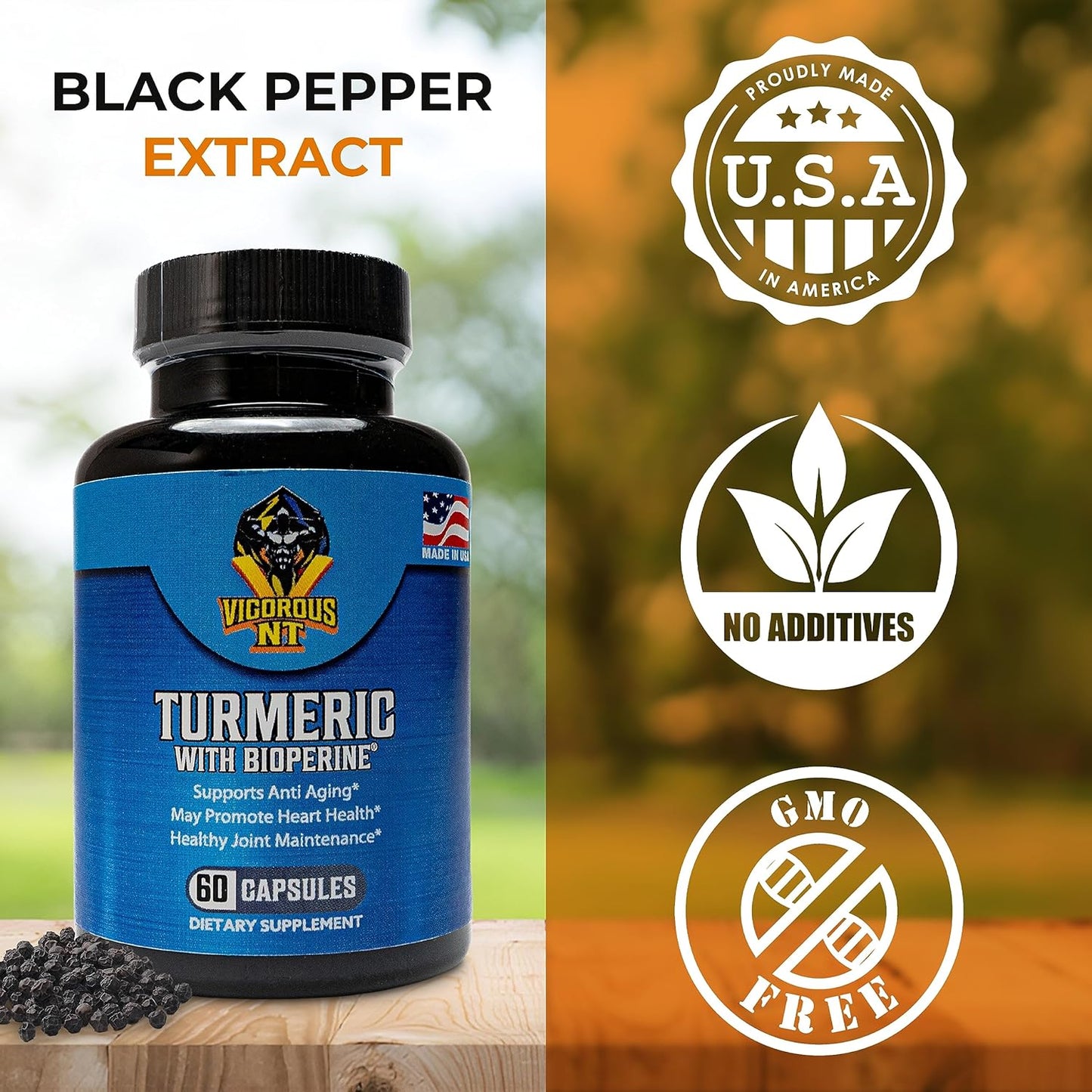 Organic Turmeric Supplement with BioPerine for Enhanced Absorption - 95% Curcuminoids - Promotes Well-Being - 60 Capsules