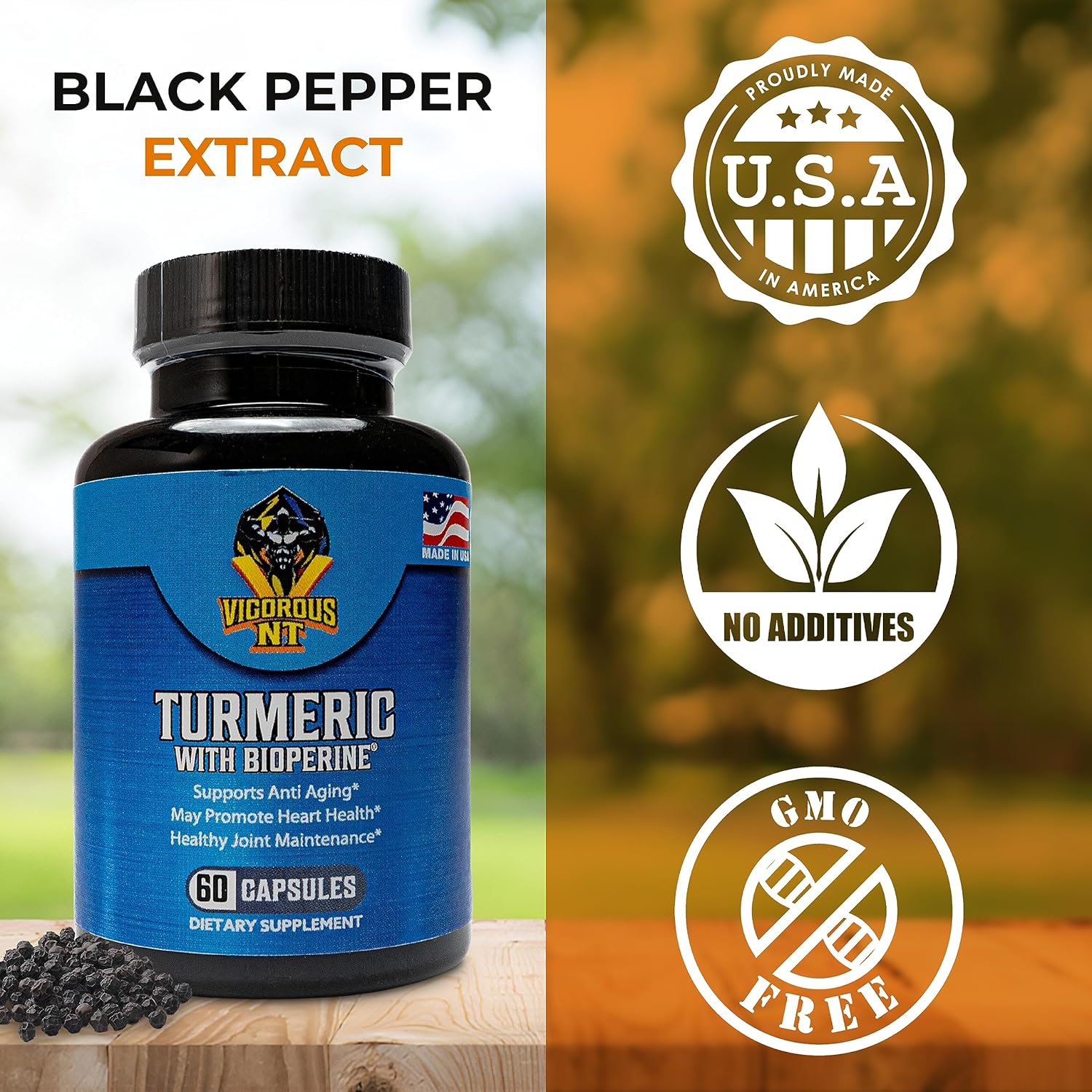 Organic Turmeric Supplement with BioPerine for Enhanced Absorption - 95% Curcuminoids - Promotes Well-Being - 60 Capsules