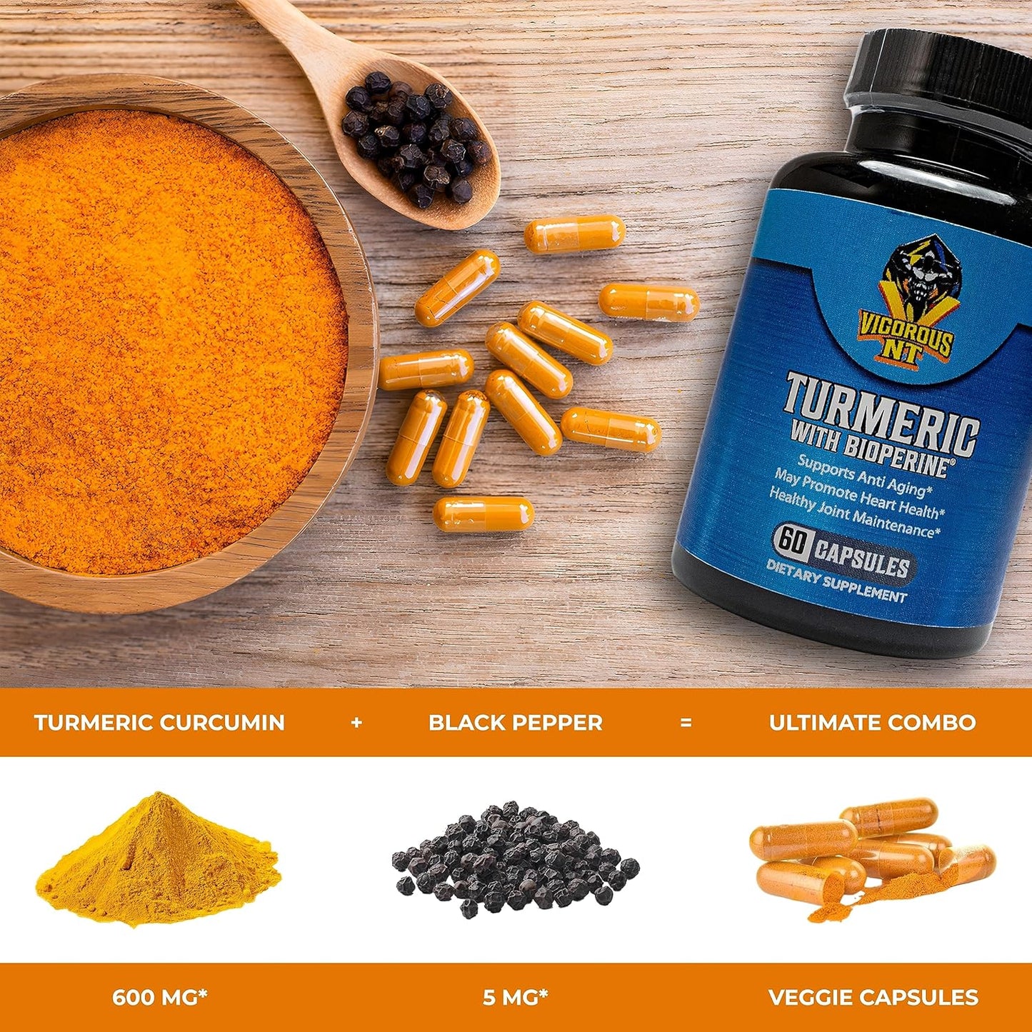 Organic Turmeric Supplement with BioPerine for Enhanced Absorption - 95% Curcuminoids - Promotes Well-Being - 60 Capsules