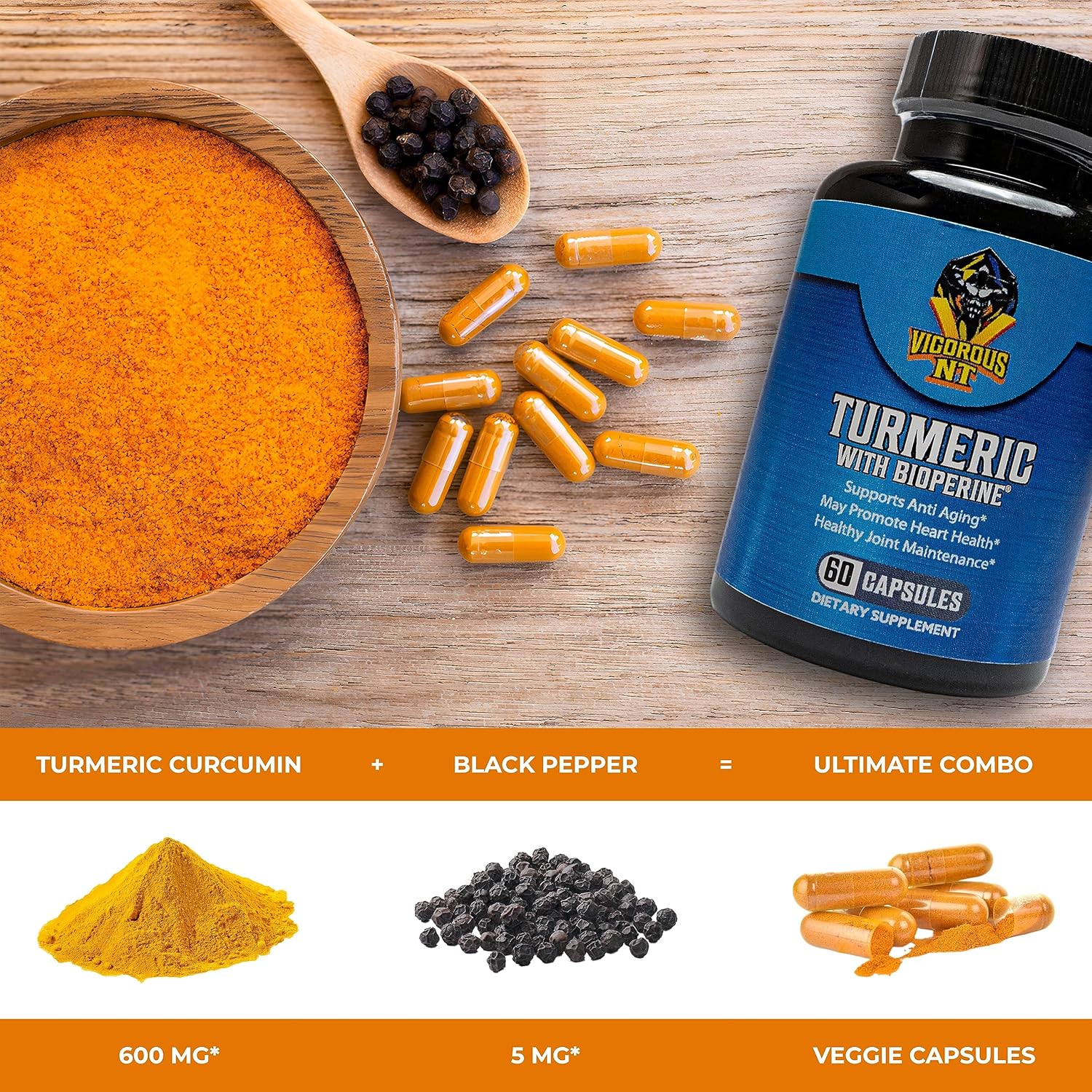 Organic Turmeric Supplement with BioPerine for Enhanced Absorption - 95% Curcuminoids - Promotes Well-Being - 60 Capsules