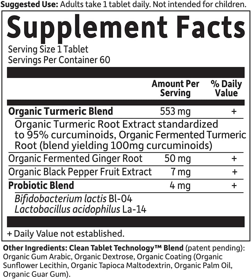 Organic Turmeric Supplement with Probiotics and Black Pepper - 60 Tablets, 100mg Curcumin, Inflammatory Support, Non-GMO Vegan Gluten Free