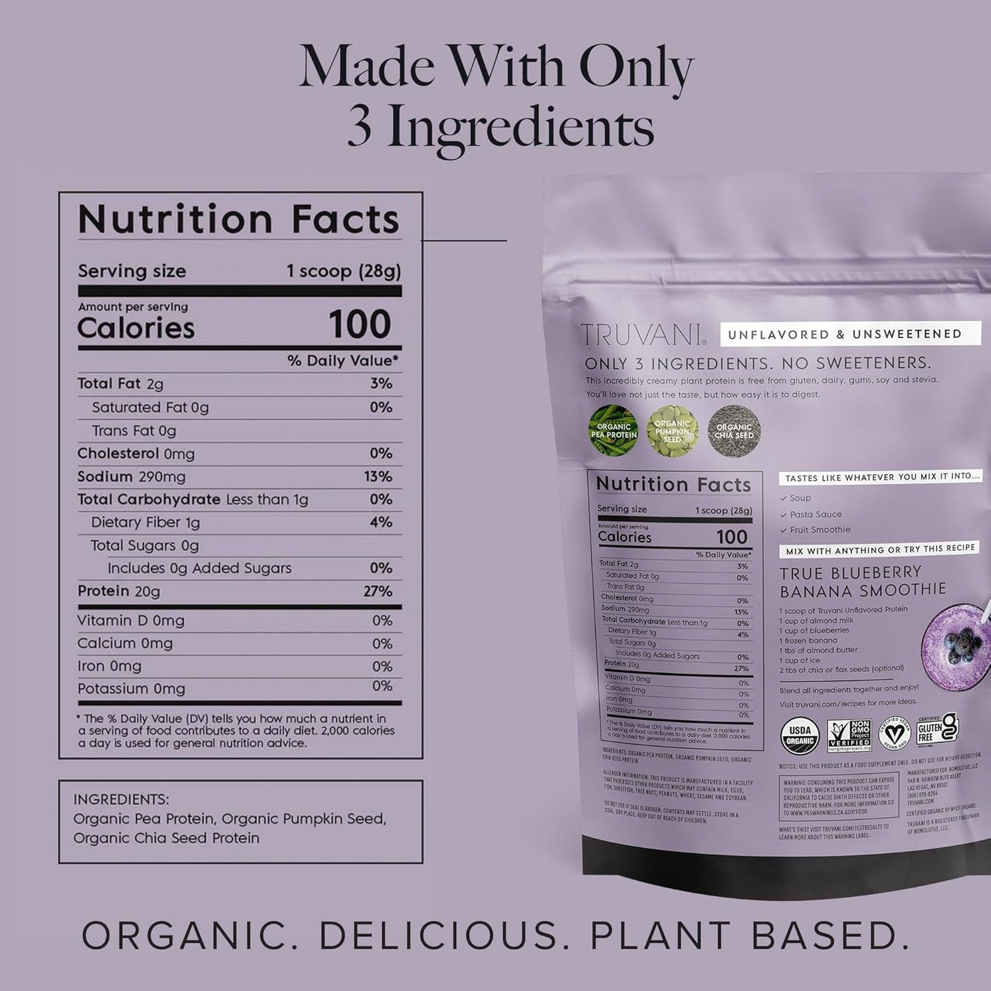 Organic Unflavored Vegan Pea Protein Powder - 20g Plant Based Protein, Keto, Gluten & Dairy Free, Low Carb & Sugar-Free