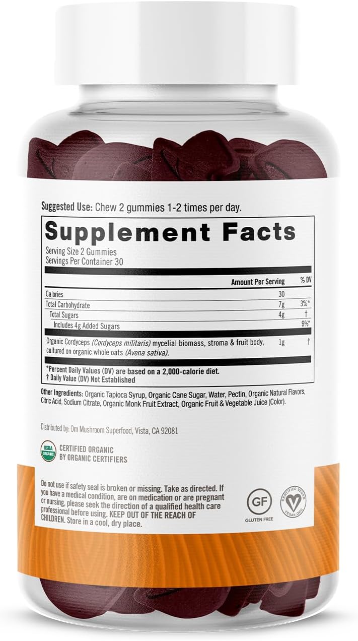Organic USA Grown OM Mushroom Cordyceps Gummies - 60 Count, 30 Servings - Energy, Endurance, Recovery Support