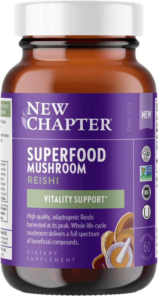 Organic USA-Grown Reishi Mushroom Capsules for Vitality Support - Vegan Superfood Supplement, Non-GMO, Gluten Free - 60 ct
