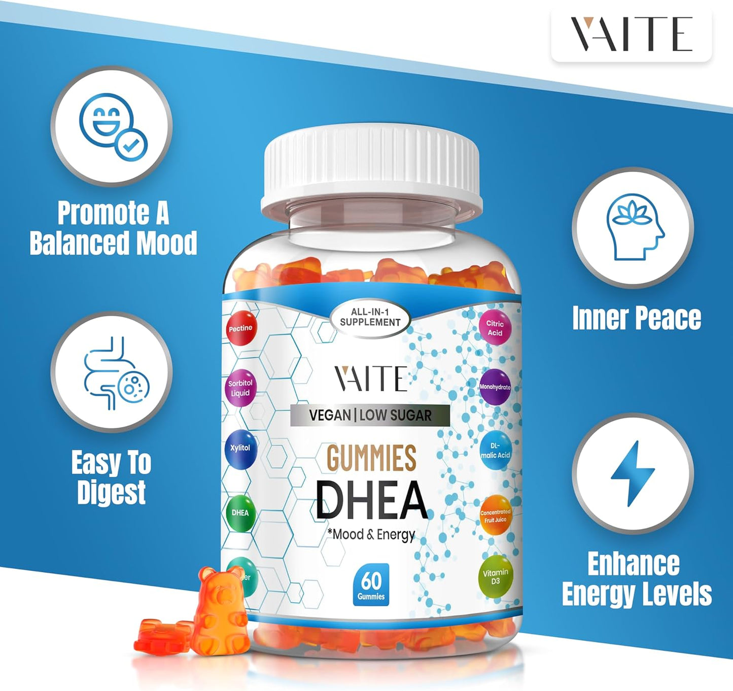 Organic VAITE DHEA 50mg Chewable Gummies for Men and Women - Perimenopause & Menopause Support - Anti-Aging Balance Supplement