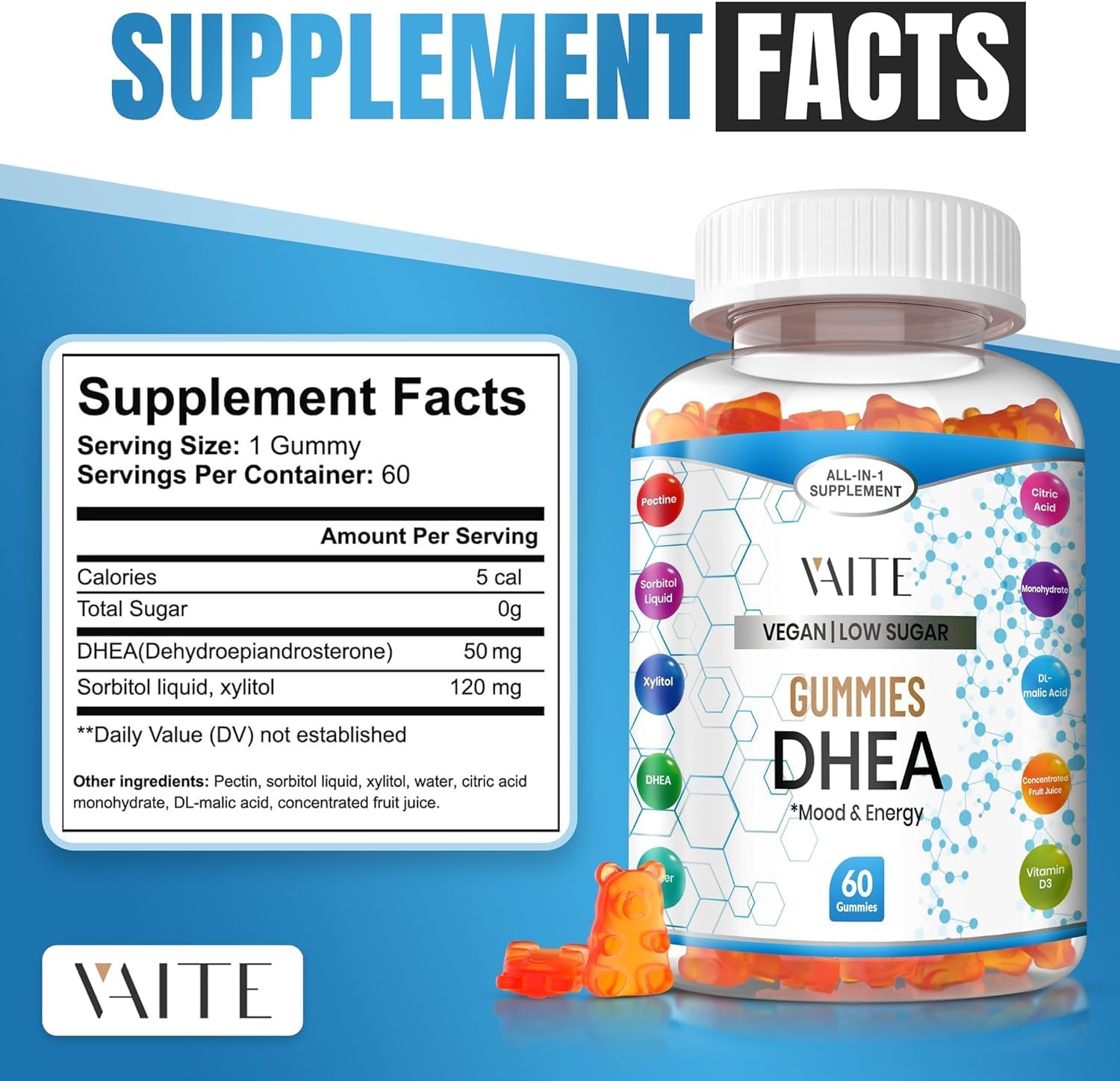 Organic VAITE DHEA 50mg Chewable Gummies for Men and Women - Perimenopause & Menopause Support - Anti-Aging Balance Supplement