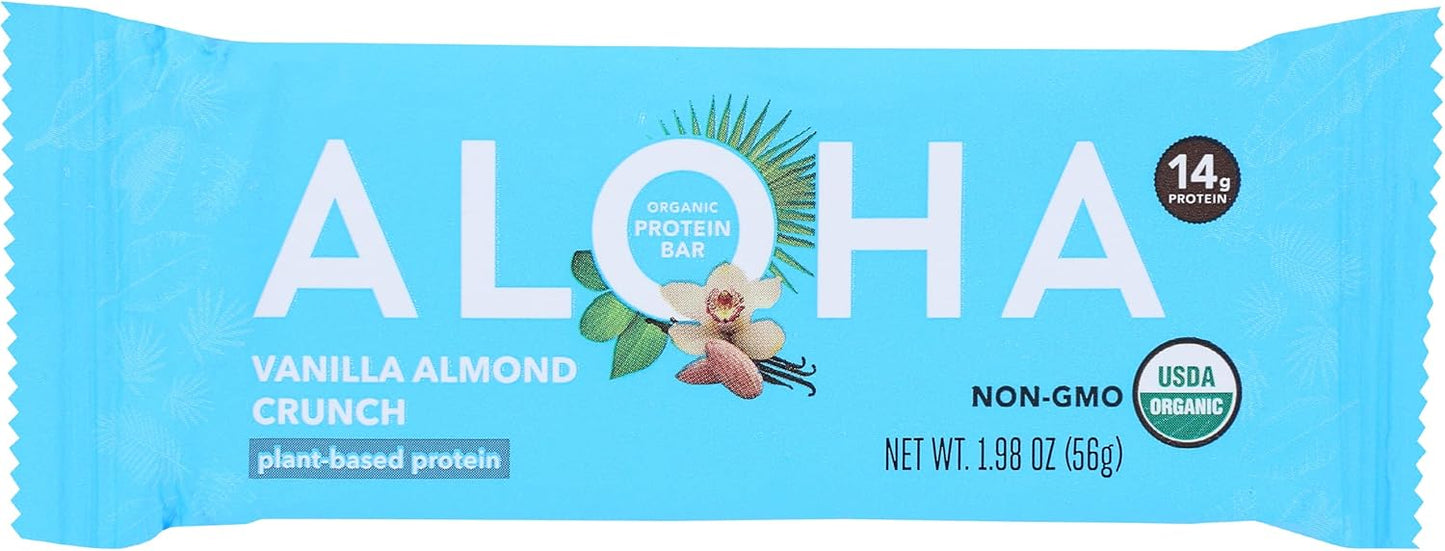 Organic Vanilla Almond Crunch Protein Bars - 14g Plant-Based Protein, USDA Certified, Gluten Free, Non-GMO - 1.9 Oz, Pack of 12