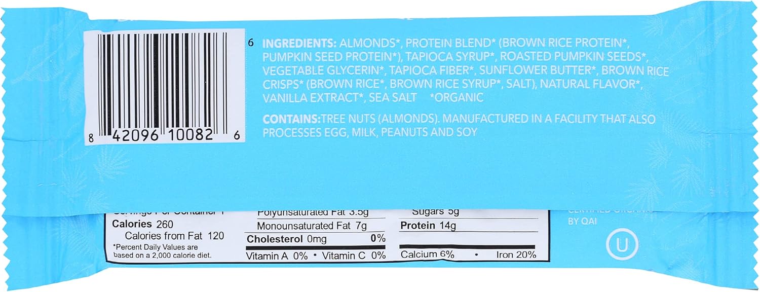 Organic Vanilla Almond Crunch Protein Bars - 14g Plant-Based Protein, USDA Certified, Gluten Free, Non-GMO - 1.9 Oz, Pack of 12