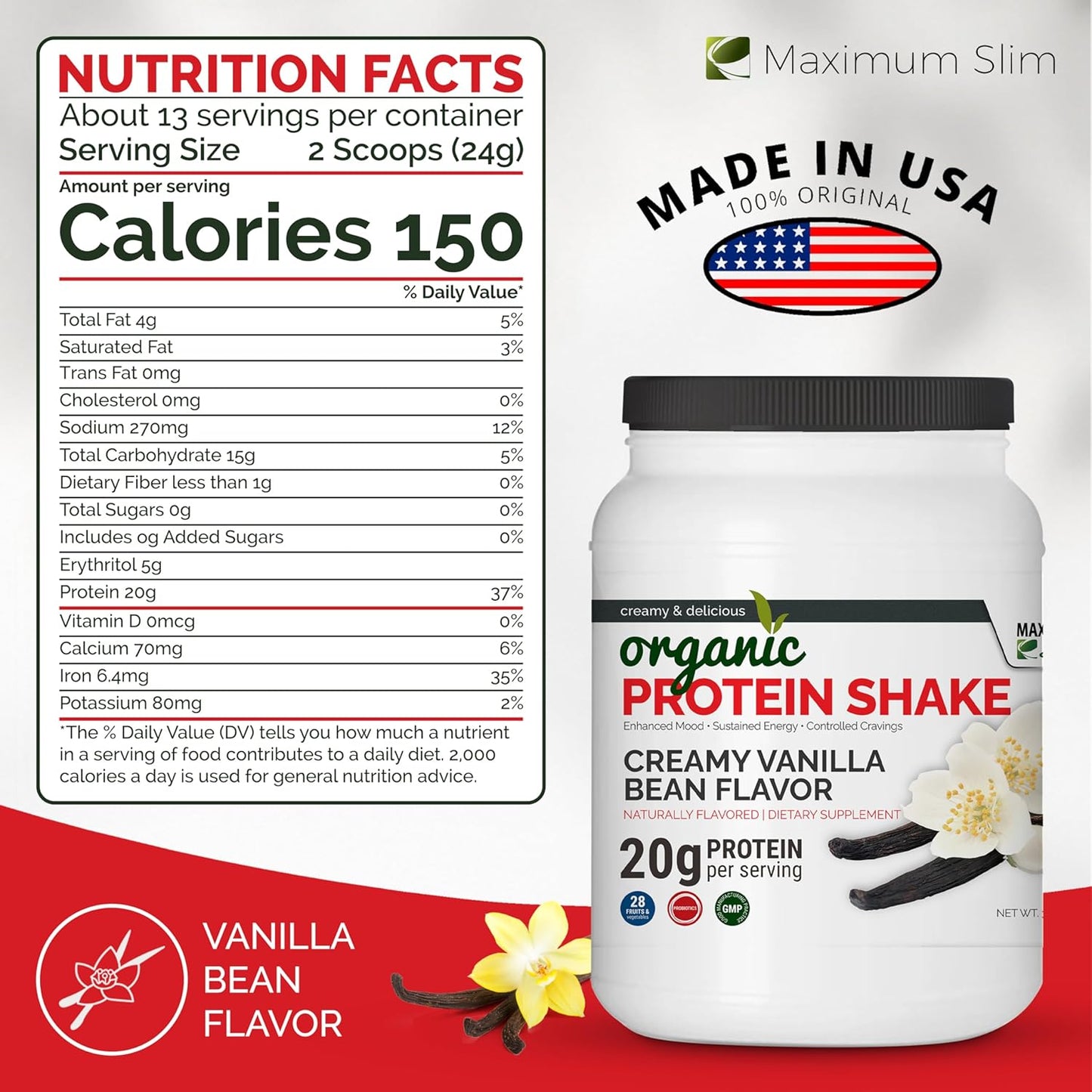 Organic Vanilla Bean Flavored Maximum Slim Protein Shake for Slimming Formula