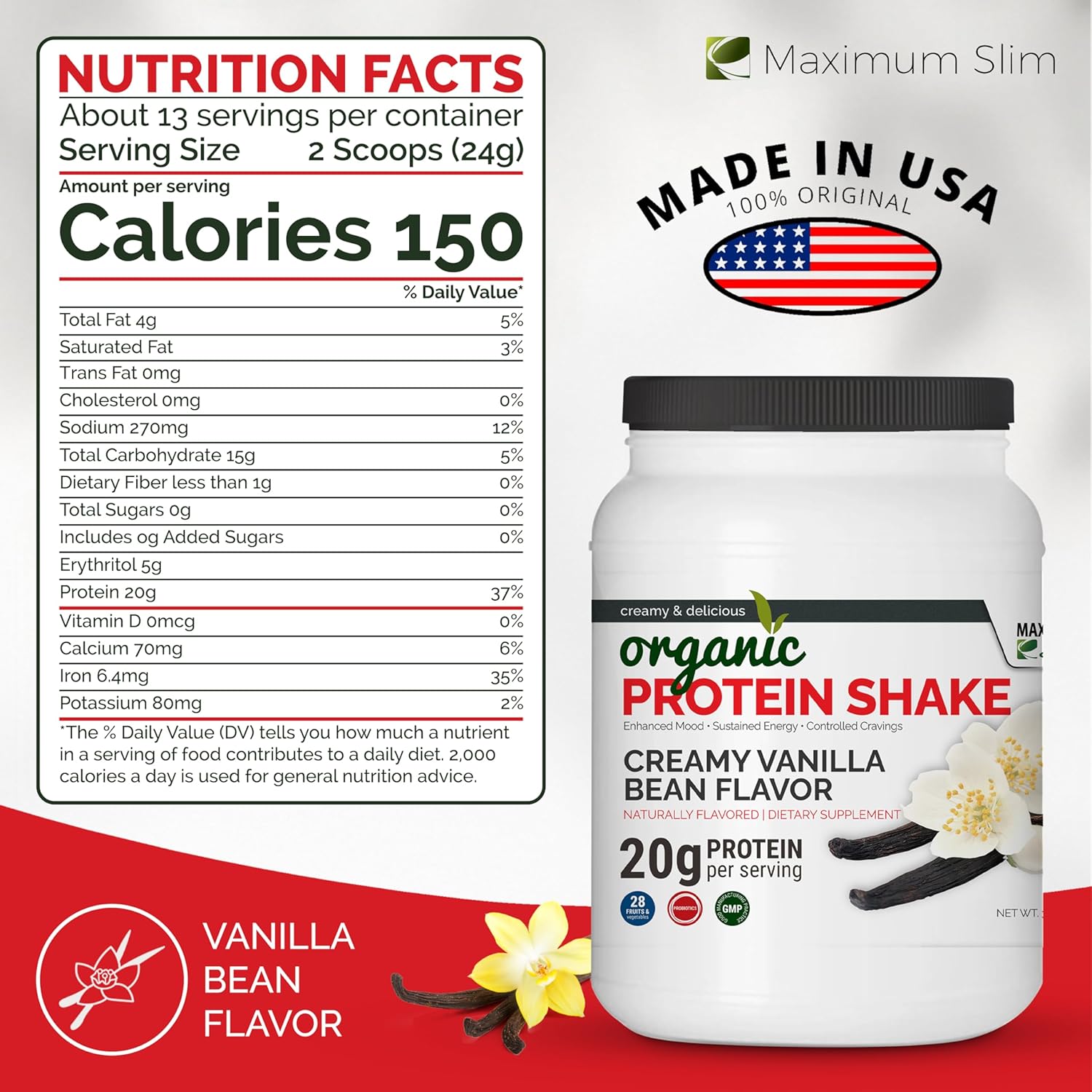 Organic Vanilla Bean Flavored Maximum Slim Protein Shake for Slimming Formula