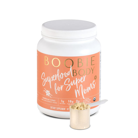 Organic Vanilla Chai Protein Shake for Pregnancy & Lactation | Vegan Superfood Meal Replacement Shake with 19g Protein | Boobie Body Brand | Zero Sugar, 20.5 oz Tub