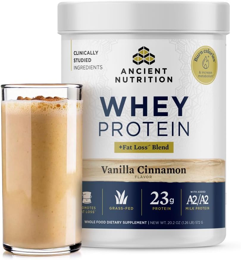 Organic Vanilla Cinnamon Grass Fed Whey Protein Blend for Fat Loss, 23g Protein per Serving, Boosts Metabolism, A2/A2 Milk Protein, 18 Servings