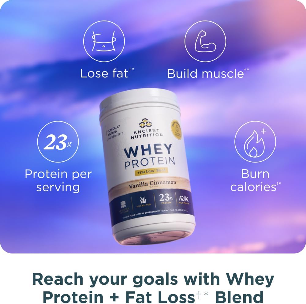 Organic Vanilla Cinnamon Grass Fed Whey Protein Blend for Fat Loss, 23g Protein per Serving, Boosts Metabolism, A2/A2 Milk Protein, 18 Servings