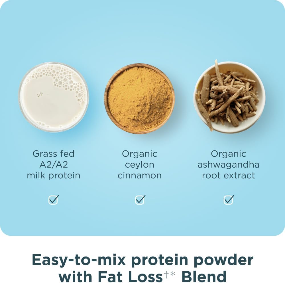 Organic Vanilla Cinnamon Grass Fed Whey Protein Blend for Fat Loss, 23g Protein per Serving, Boosts Metabolism, A2/A2 Milk Protein, 18 Servings