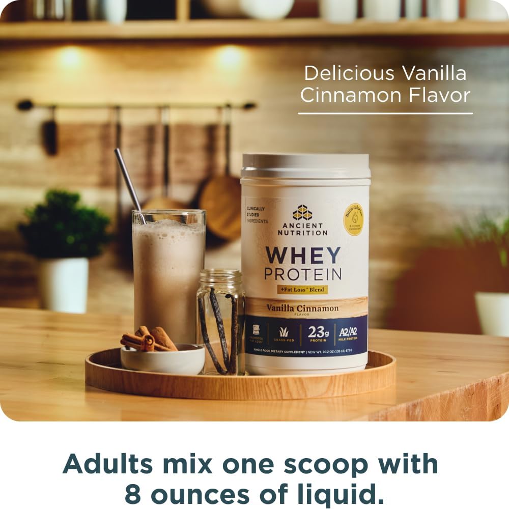 Organic Vanilla Cinnamon Grass Fed Whey Protein Blend for Fat Loss, 23g Protein per Serving, Boosts Metabolism, A2/A2 Milk Protein, 18 Servings