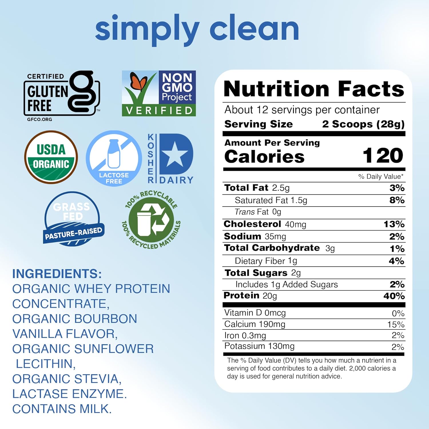 Organic Vanilla Whey Protein Powder - Lactose-Free, Non-GMO, Gluten-Free, Kosher - 20g Protein Per Serving - 12 Oz Jar