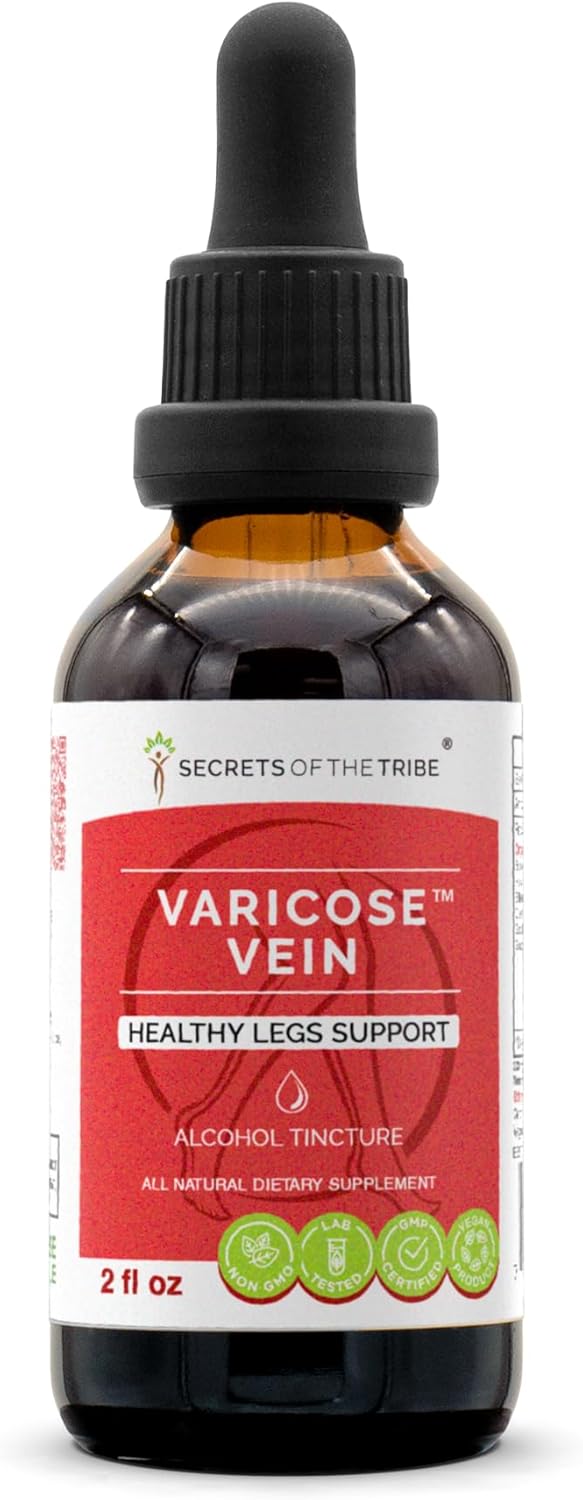 Organic Varicose Vein Herbal Extract Tincture with Butcher's Broom, Horse Chestnut, Bilberry, Cayenne, Gotu Kola, and Grape for Healthy Leg Support - 2 OZ Bottle