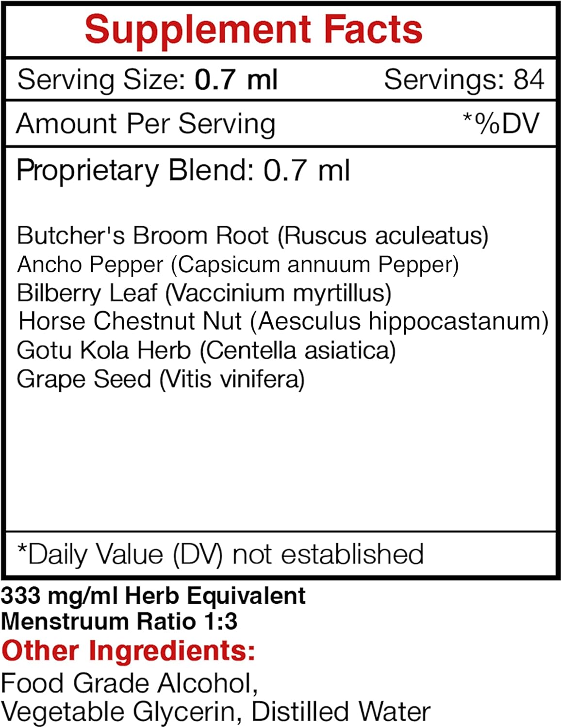 Organic Varicose Vein Herbal Extract Tincture with Butcher's Broom, Horse Chestnut, Bilberry, Cayenne, Gotu Kola, and Grape for Healthy Leg Support - 2 OZ Bottle