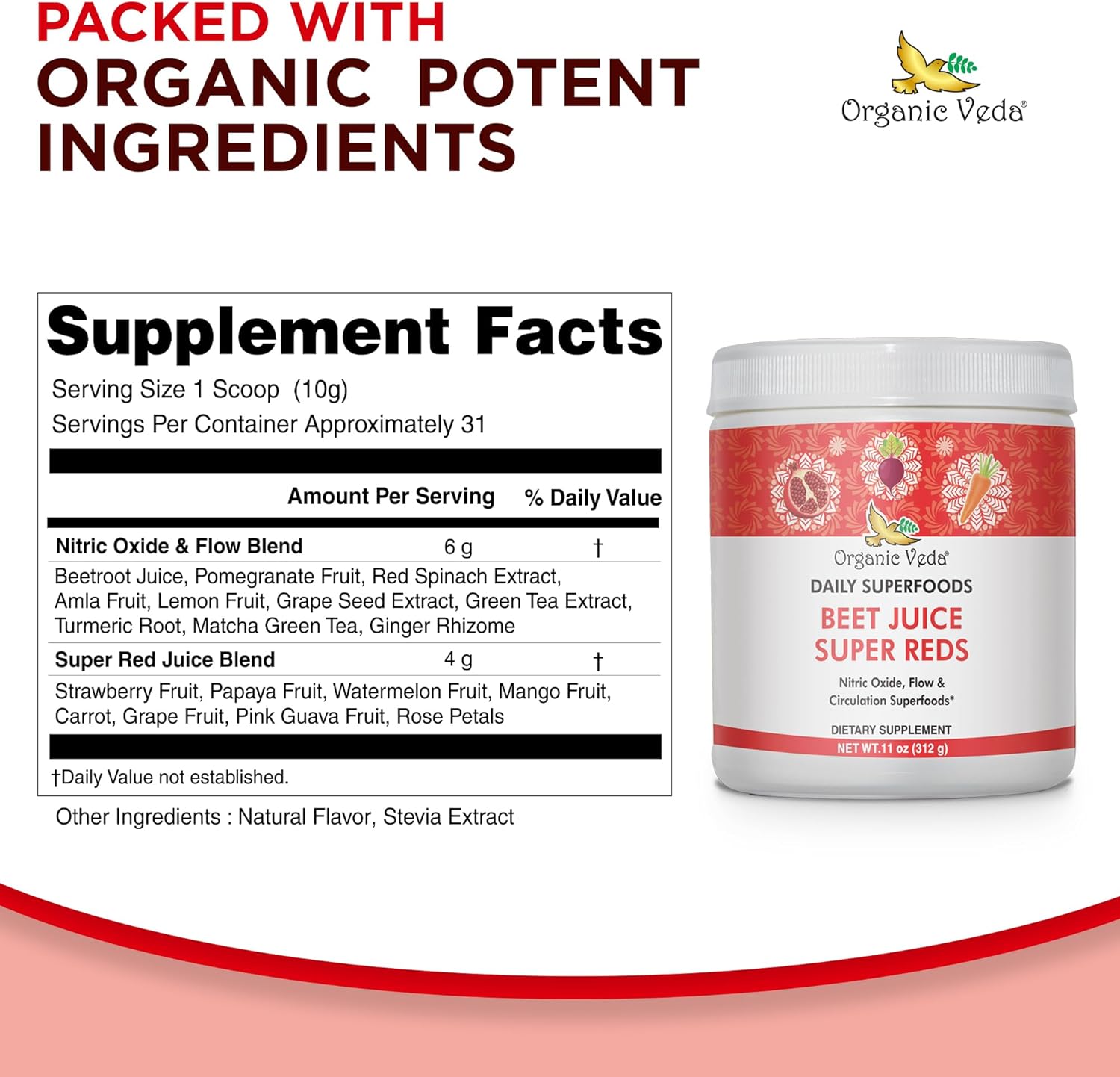 Organic Veda Beet Root Powder Juice Supplement for Circulation, Energy, and Stamina - Superfood Reds with Nitric Oxide - Vegan, Non-GMO - 11 oz