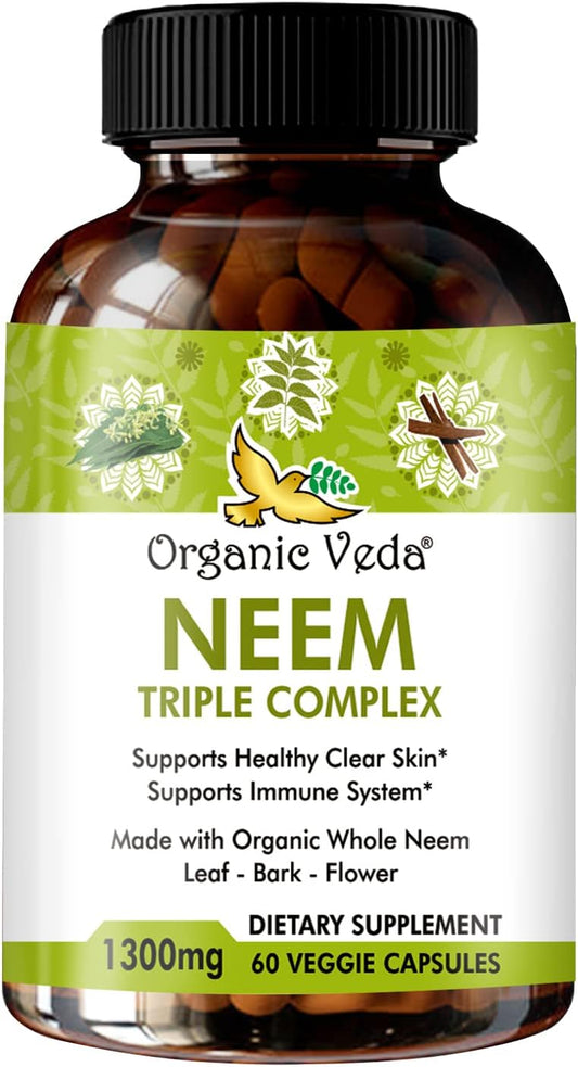 Organic Veda Neem Capsules - Triple Complex Extract for Immunity, Digestion, Skin Health - Herbal Supplement (60 Count)