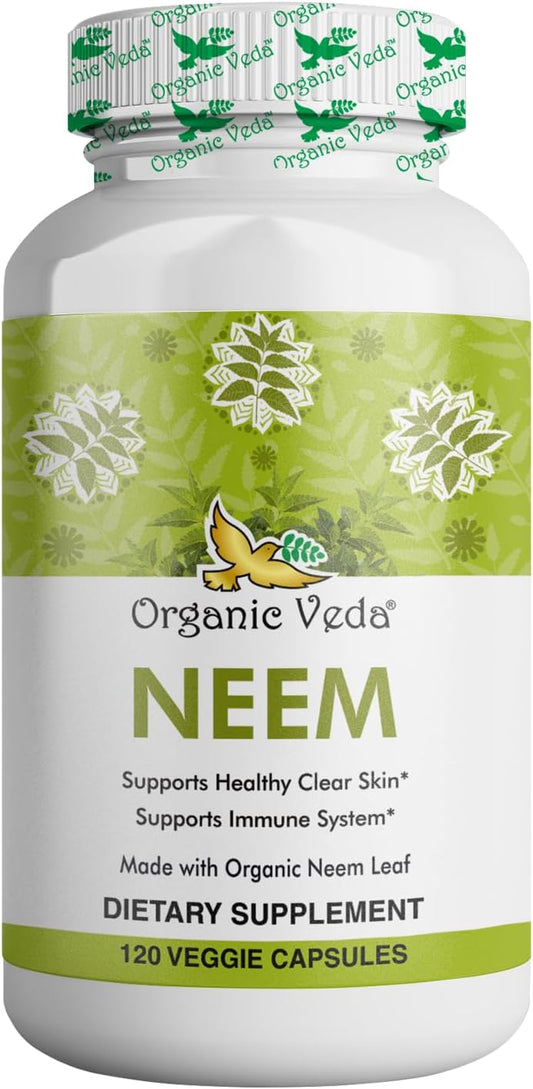 Organic Veda Neem Capsules 1000mg - Ayurvedic Herbal Supplement for Skin, Immune Support, Detox - 120 Veg Capsules