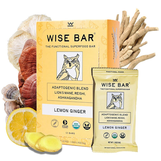 Organic Vegan Adaptogen Mushroom Bars with Reishi, Lions Mane & Ashwagandha - Lemon Ginger Flavor, 12 Pack