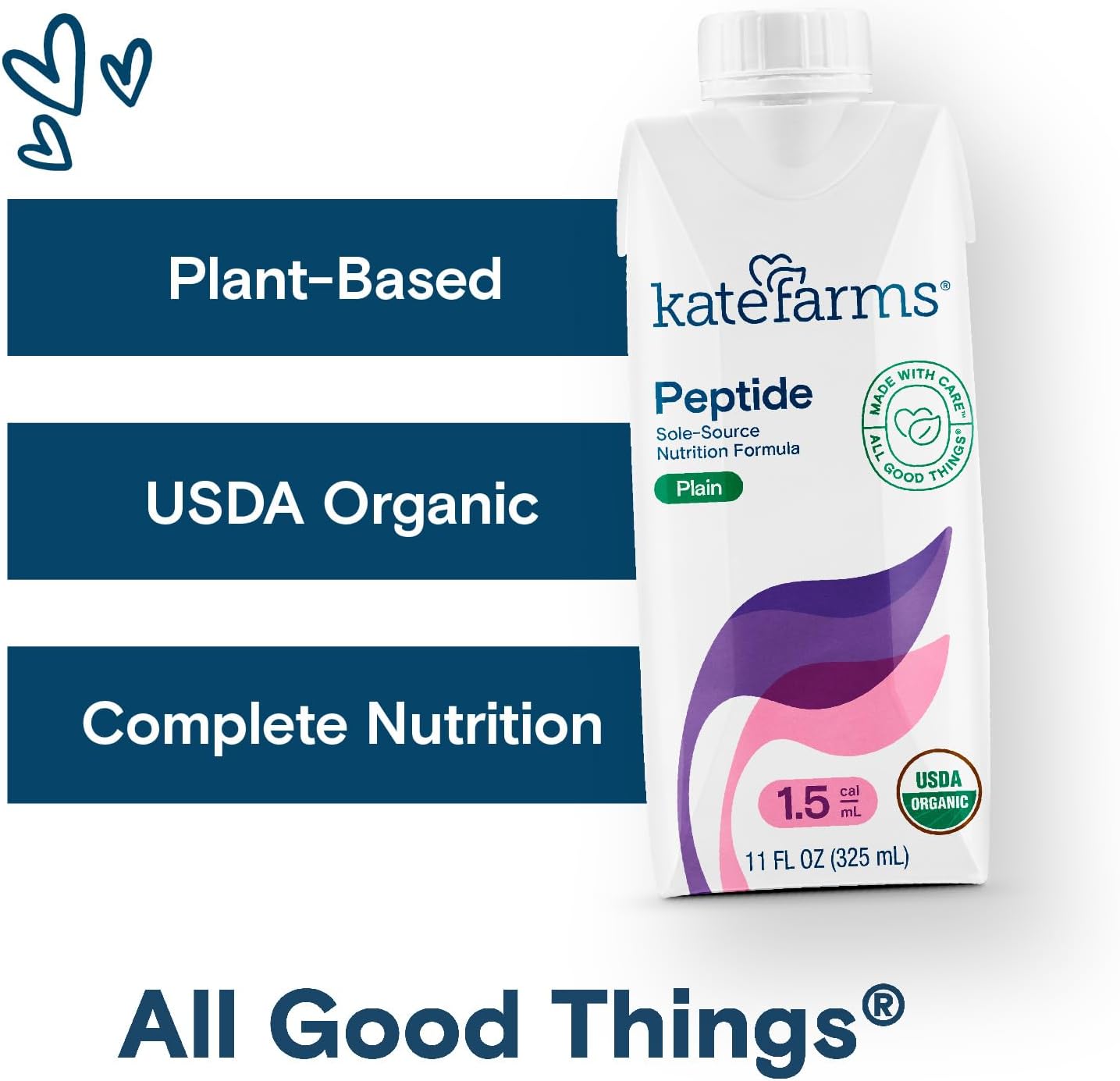 Organic Vegan Adult Peptide 1.5 Formula, Unflavored Plain - Pack of 12 - Plant-Based Protein Meal Replacement for Oral or Tube Feeding