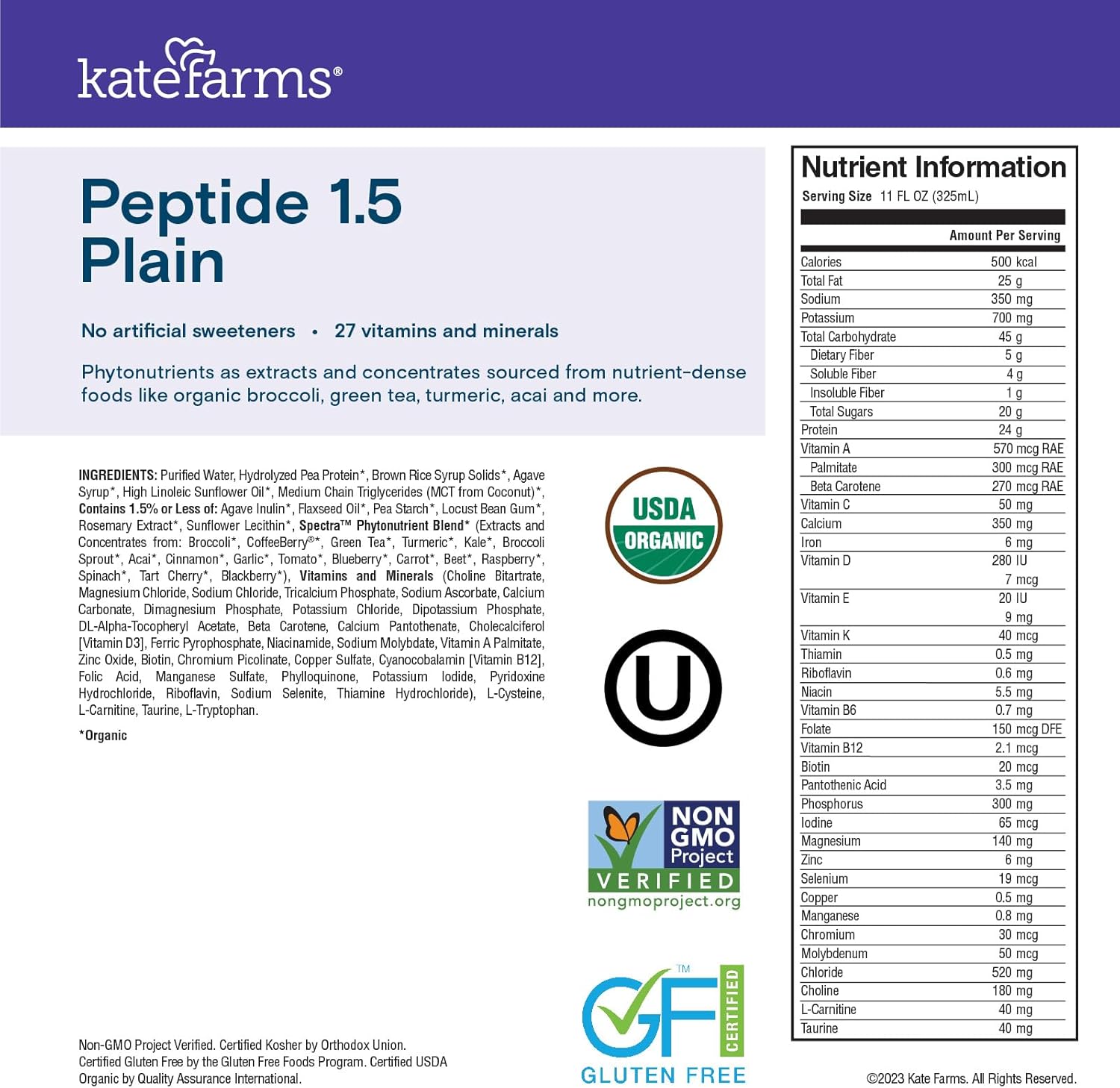 Organic Vegan Adult Peptide 1.5 Formula, Unflavored Plain - Pack of 12 - Plant-Based Protein Meal Replacement for Oral or Tube Feeding