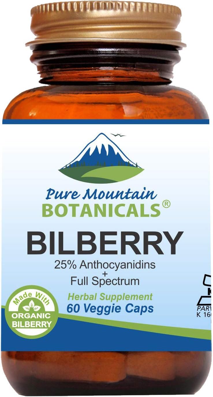 Organic Vegan Bilberry Extract Capsules with 250mg Leaf & 50mg Potent Billberry Extract - Kosher Supplement from Pure Mountain Botanicals