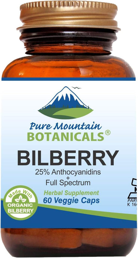 Organic Vegan Bilberry Extract Capsules with 250mg Leaf & 50mg Potent Billberry Extract - Kosher Supplement from Pure Mountain Botanicals