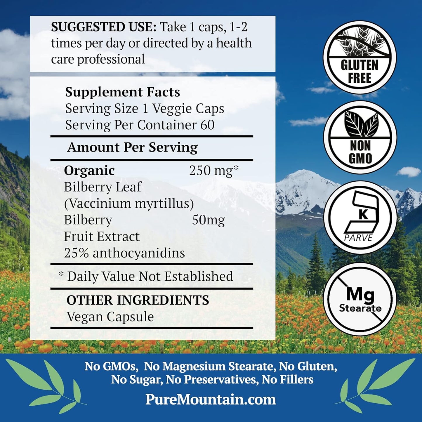Organic Vegan Bilberry Extract Capsules with 250mg Leaf & 50mg Potent Billberry Extract - Kosher Supplement from Pure Mountain Botanicals