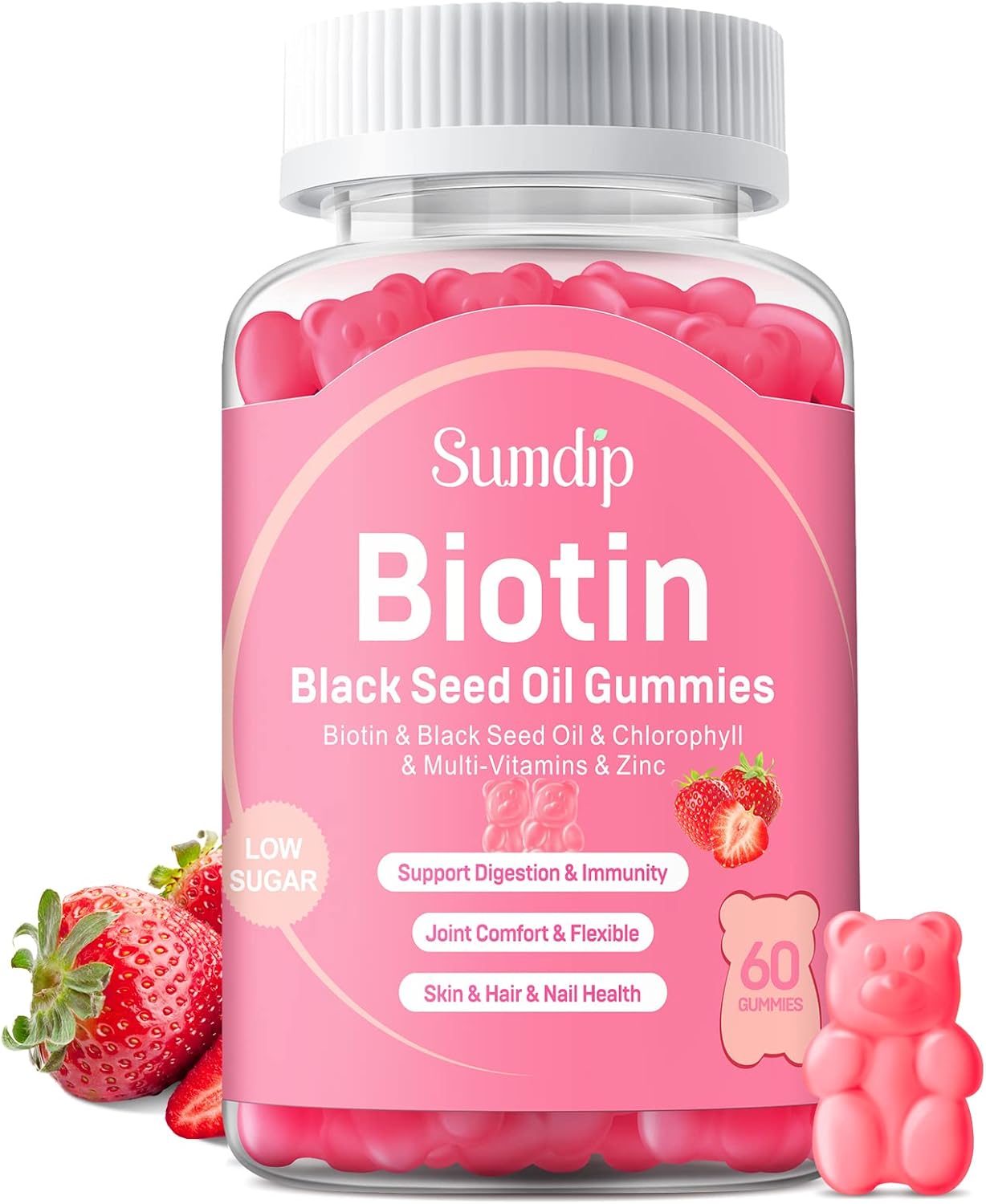 Organic Vegan Black Seed Oil Gummies with Biotin for Healthy Hair, Skin, and Nails - Immune Support Supplement with Chlorophyll, Zinc, and Vitamins A, B6, B12, C, D, E - 60 Gummies